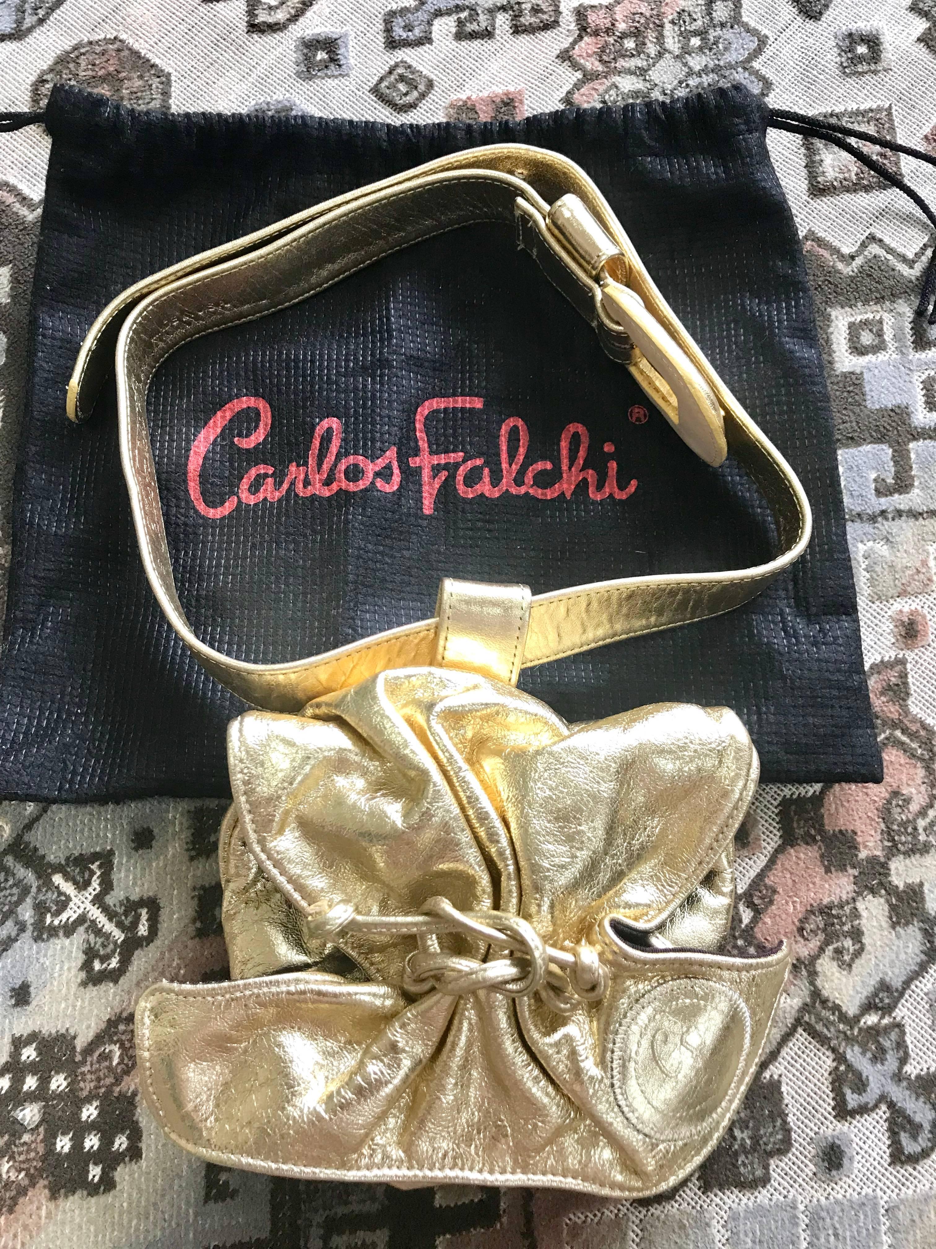 Beige Vintage Carlos Falchi golden metallic leather mini fanny pack. Can be pouch/belt