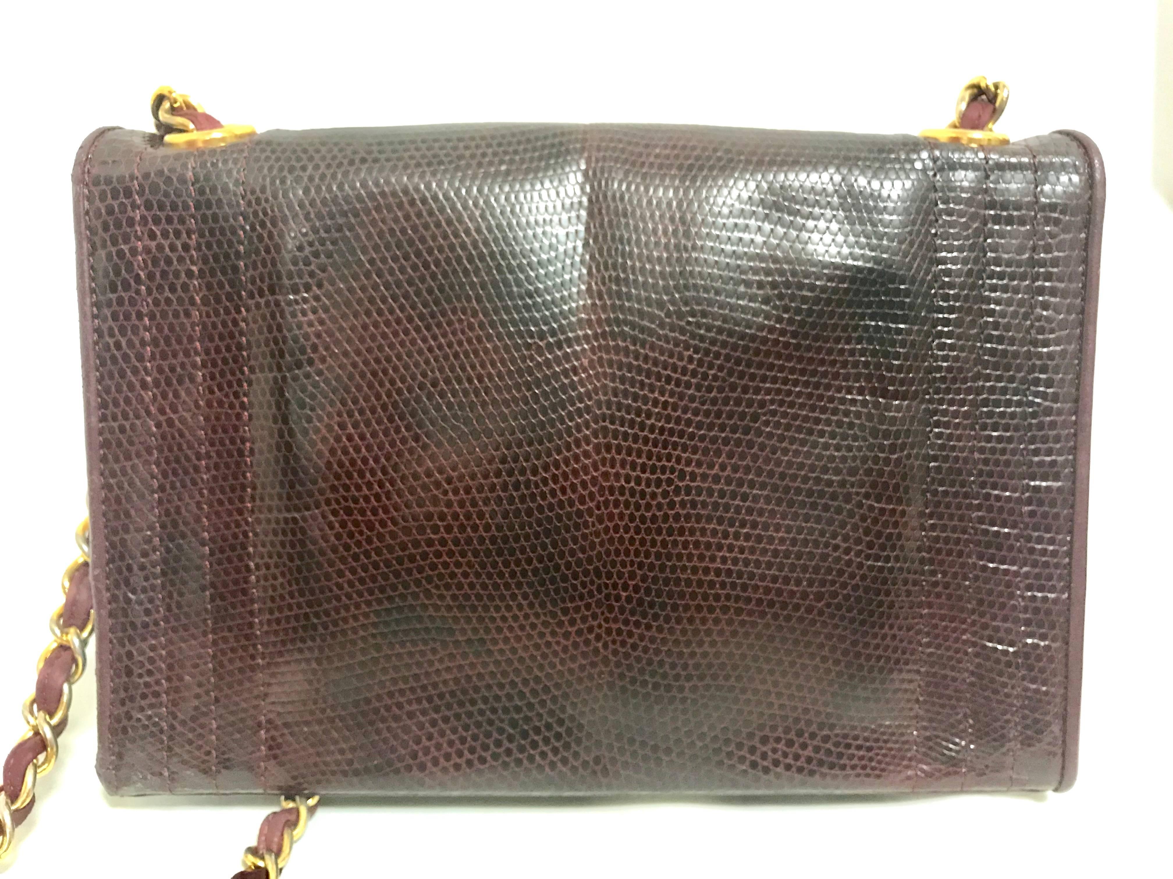 Chanel Vintage genuine dark wine brown lizard chain shoulder bag with CC mark For Sale 1