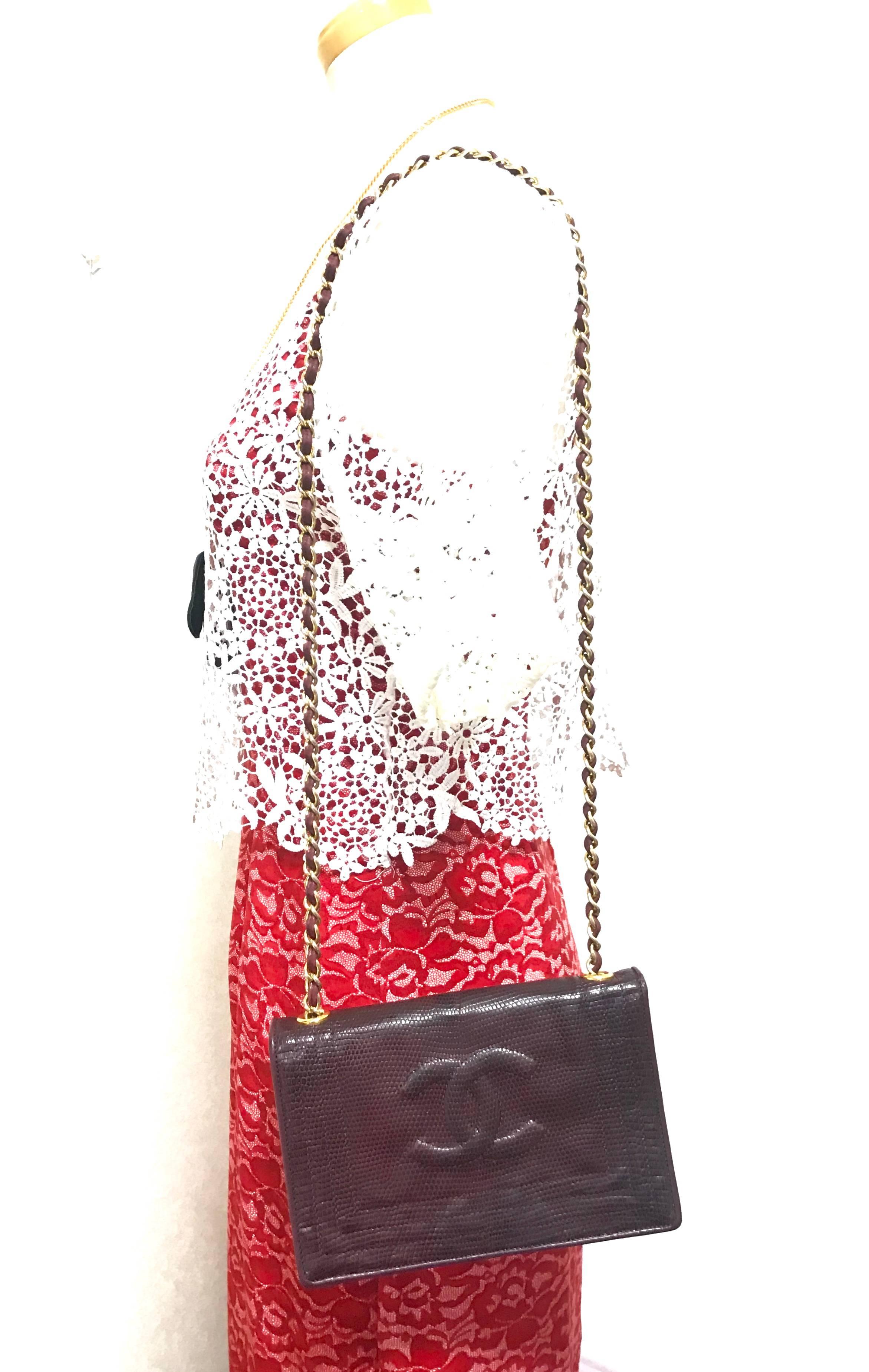 Chanel Vintage genuine dark wine brown lizard chain shoulder bag with CC mark For Sale 13