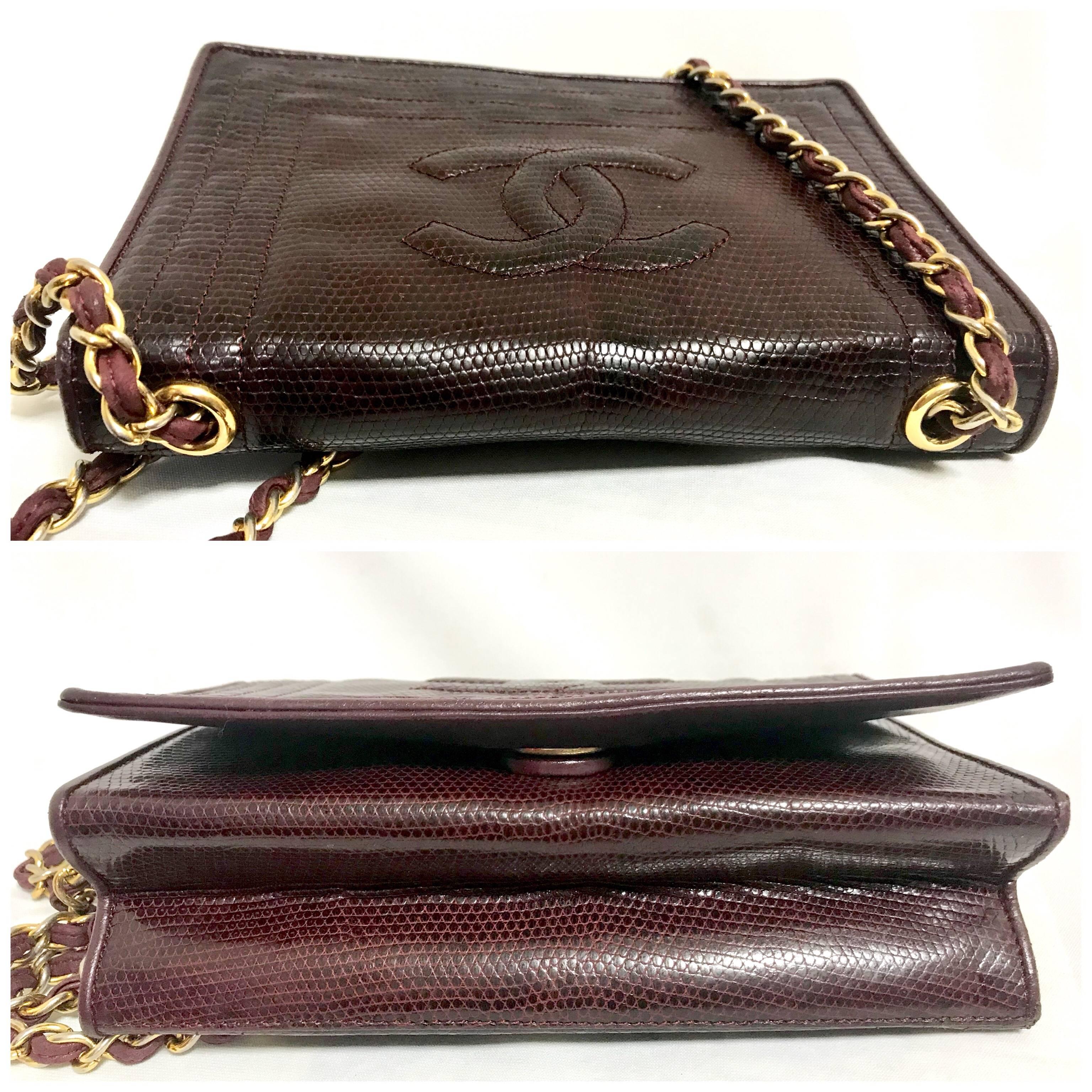 Chanel Vintage genuine dark wine brown lizard chain shoulder bag with CC mark For Sale 2