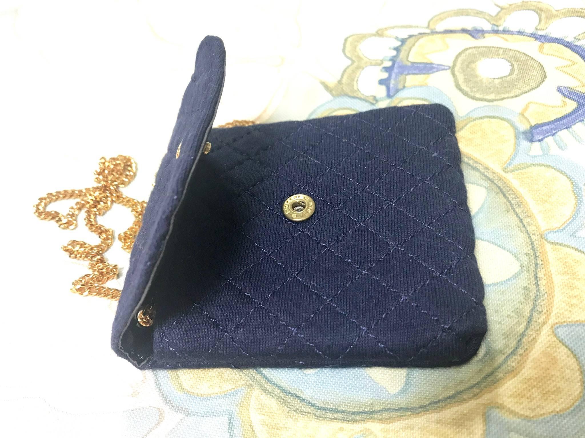 MINT. Vintage Chanel navy quilted jersey mini pouch, coin purse, long necklace. 3