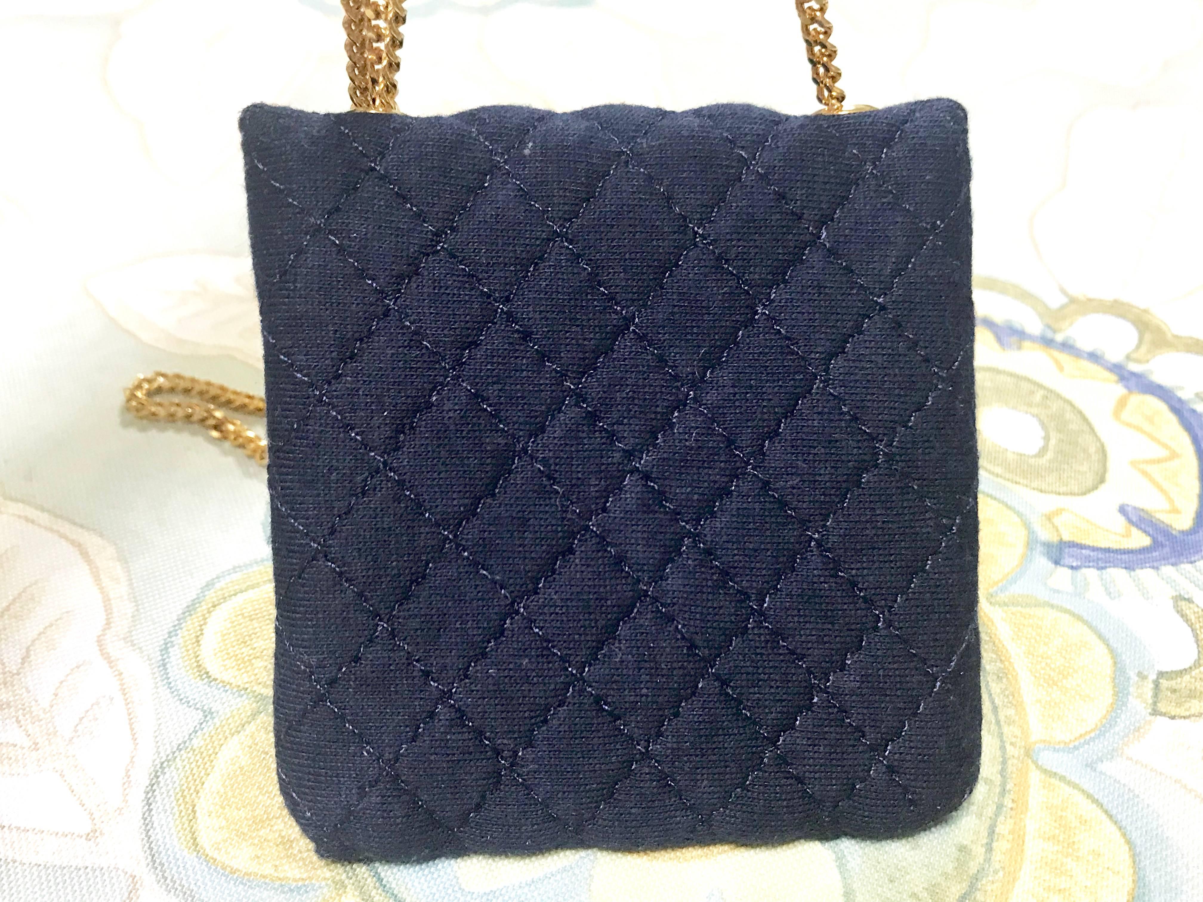MINT. Vintage Chanel navy quilted jersey mini pouch, coin purse, long necklace. 1