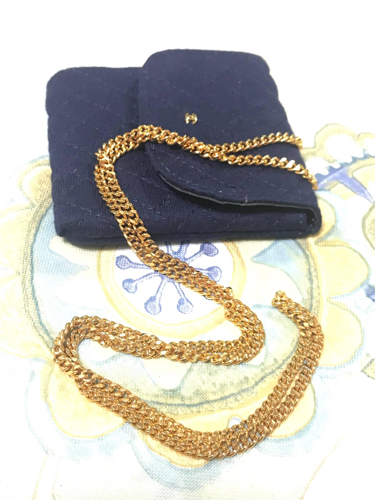 MINT. Vintage Chanel navy quilted jersey mini pouch, coin purse, long necklace. 2