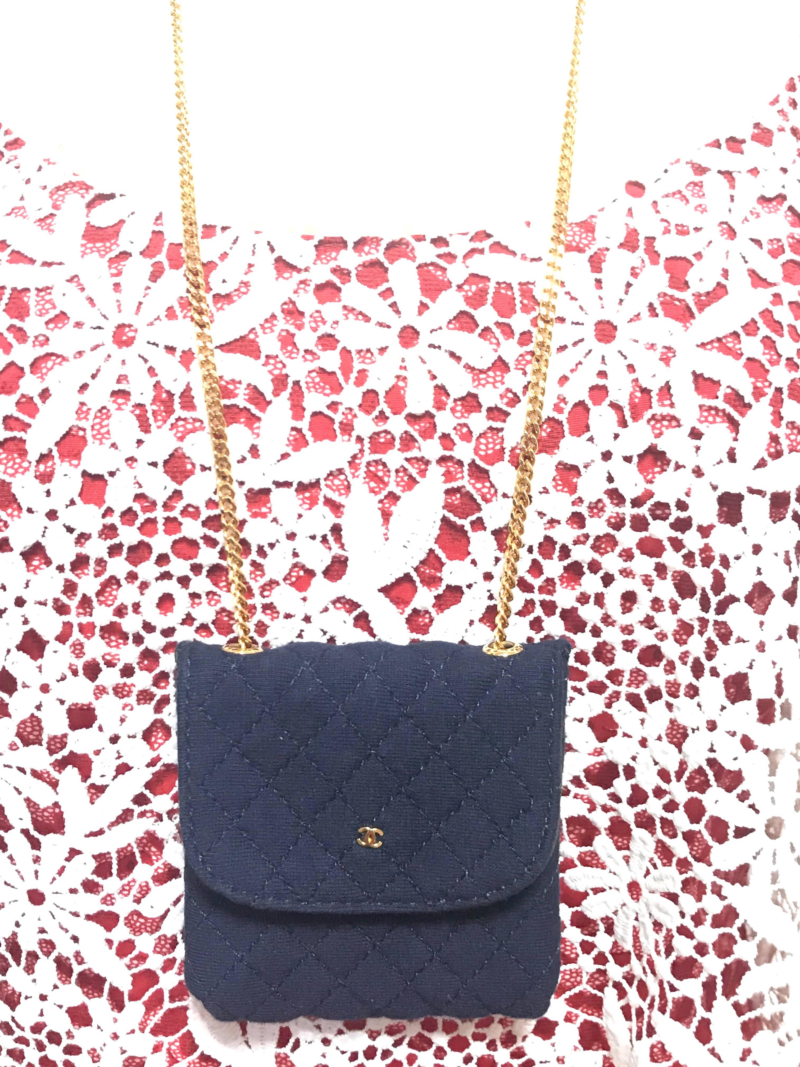 MINT. Vintage Chanel navy quilted jersey mini pouch, coin purse, long necklace. 7
