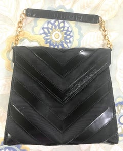 Vintage Valentino Garavani black enamel leather and fabric combo chevron handbag