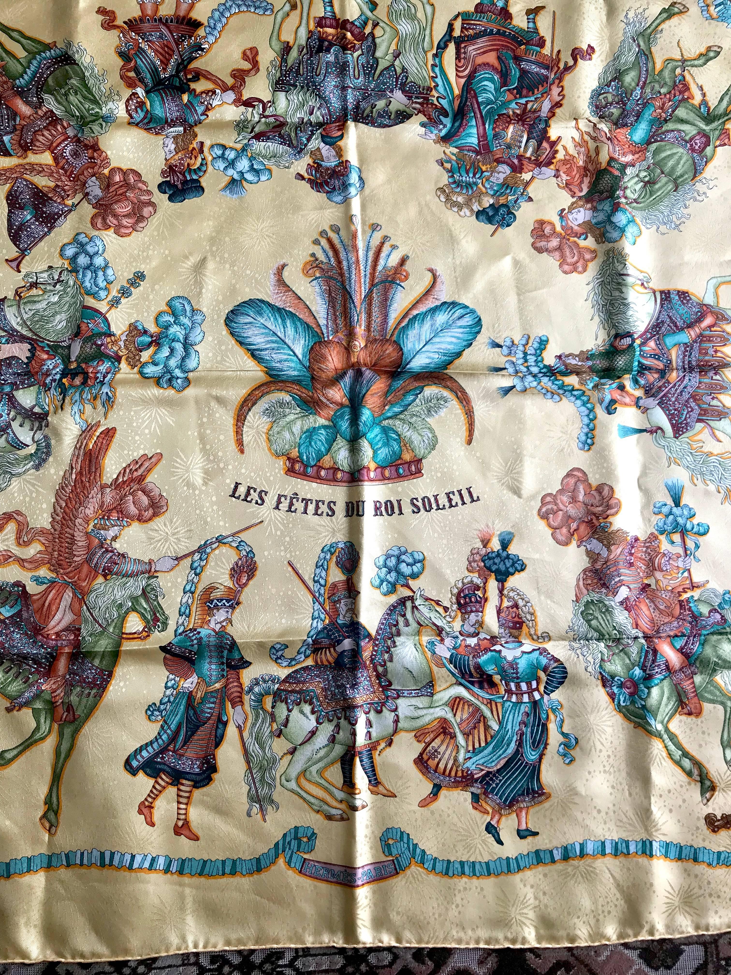 Yellow Vintage HERMES Carre silk scarf with yellow tone print. Les Fetes Du Roi Soleil. For Sale