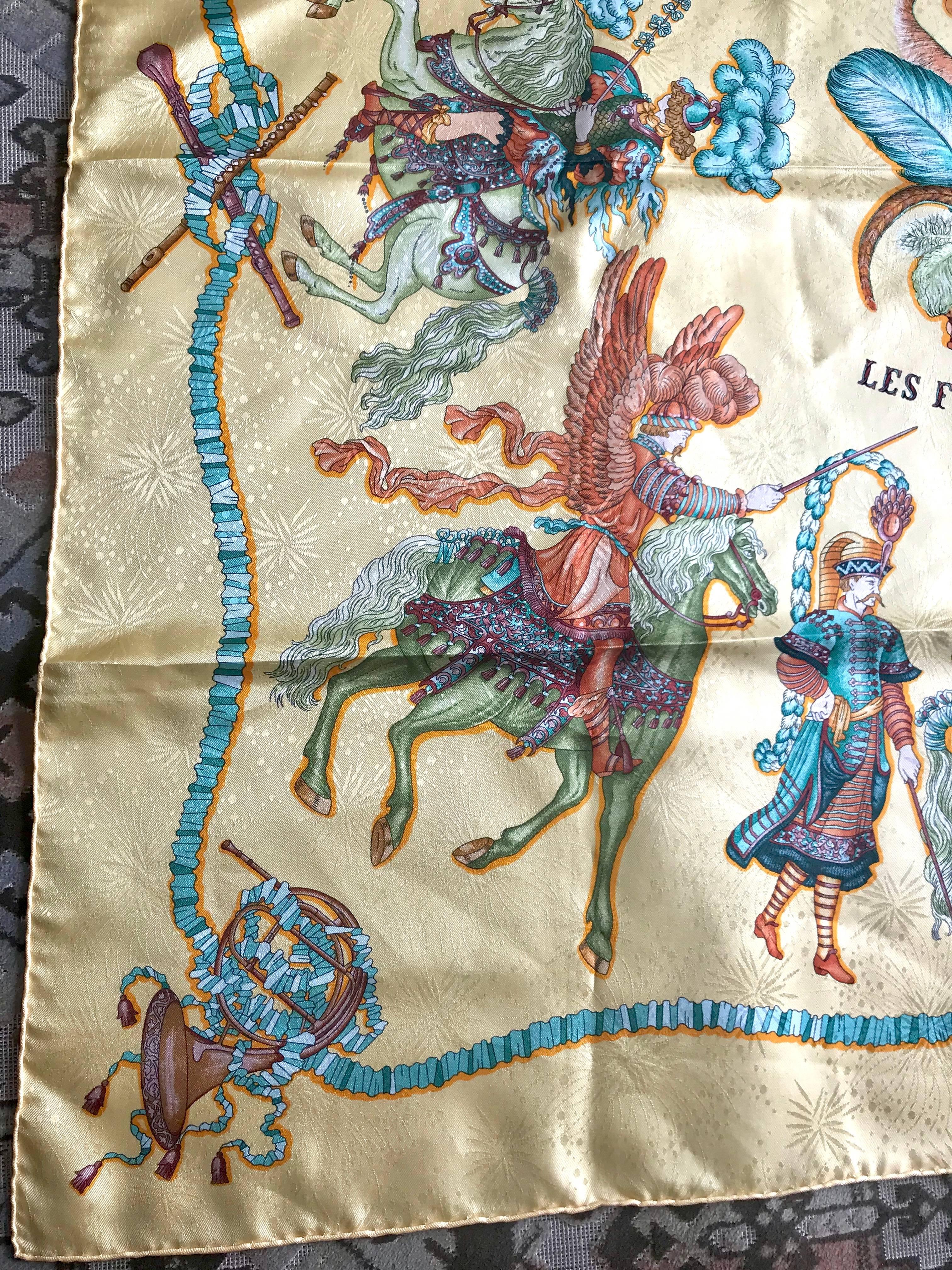 Vintage HERMES Carre silk scarf with yellow tone print. Les Fetes Du Roi Soleil. For Sale 1