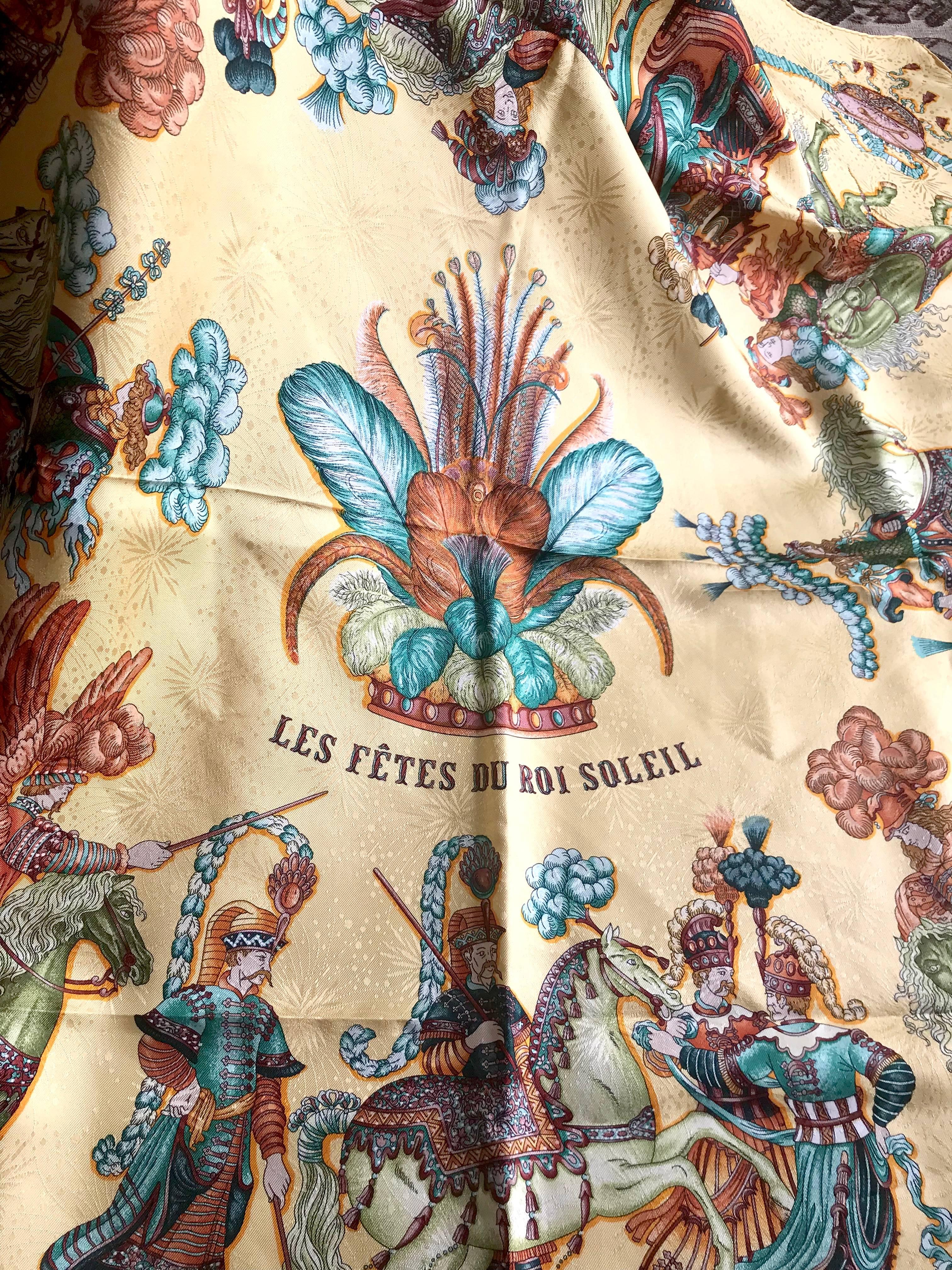 Vintage HERMES Carre silk scarf with yellow tone print. Les Fetes Du Roi Soleil. In Excellent Condition For Sale In Kashiwa, Chiba