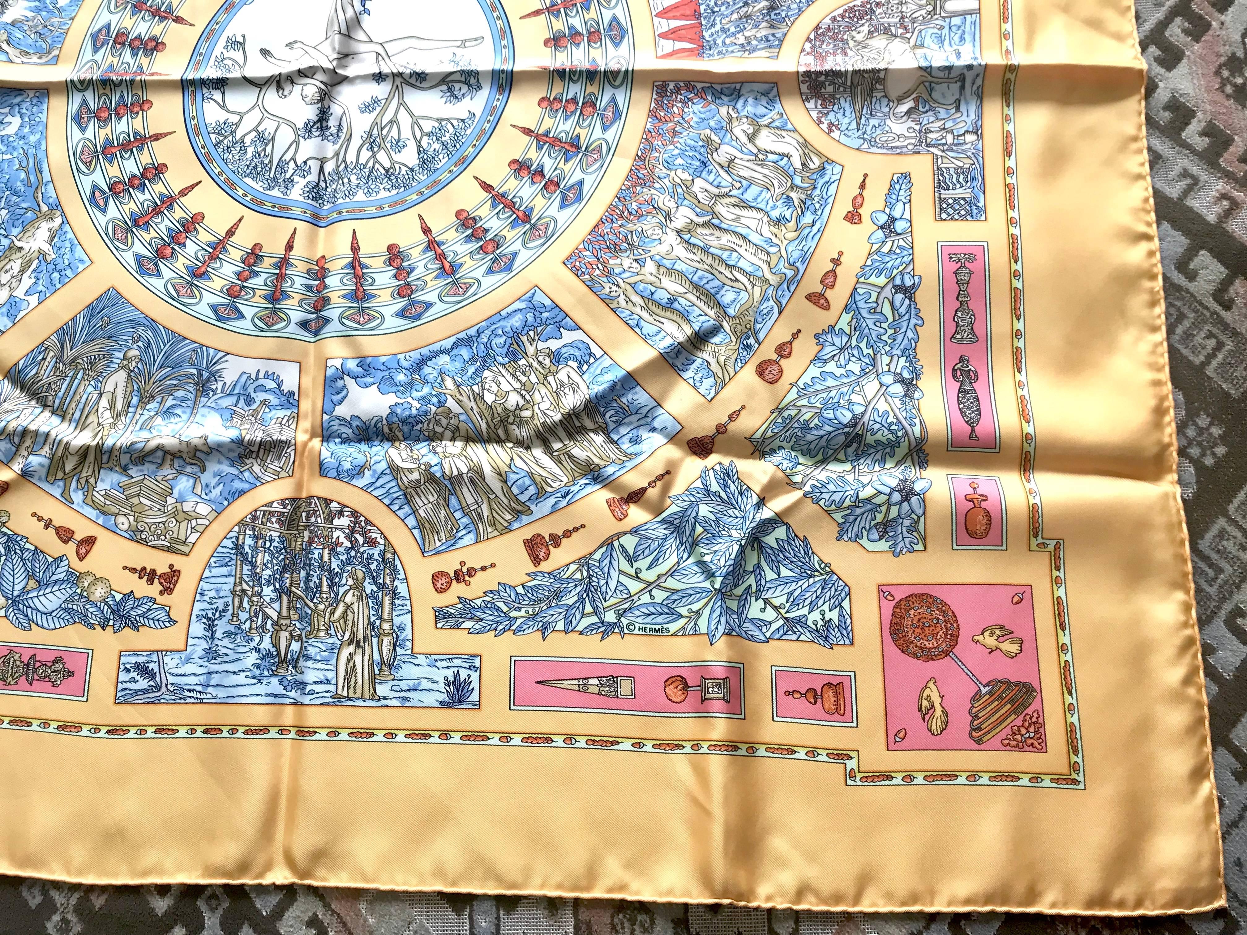 Vintage HERMES Carre silk scarf in yellow orange print. Le Songe de Poliphile.  In Excellent Condition For Sale In Kashiwa, Chiba