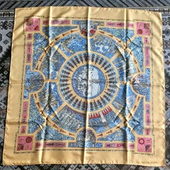 Vintage HERMES Carre silk scarf in yellow orange print. Le Songe de Poliphile.