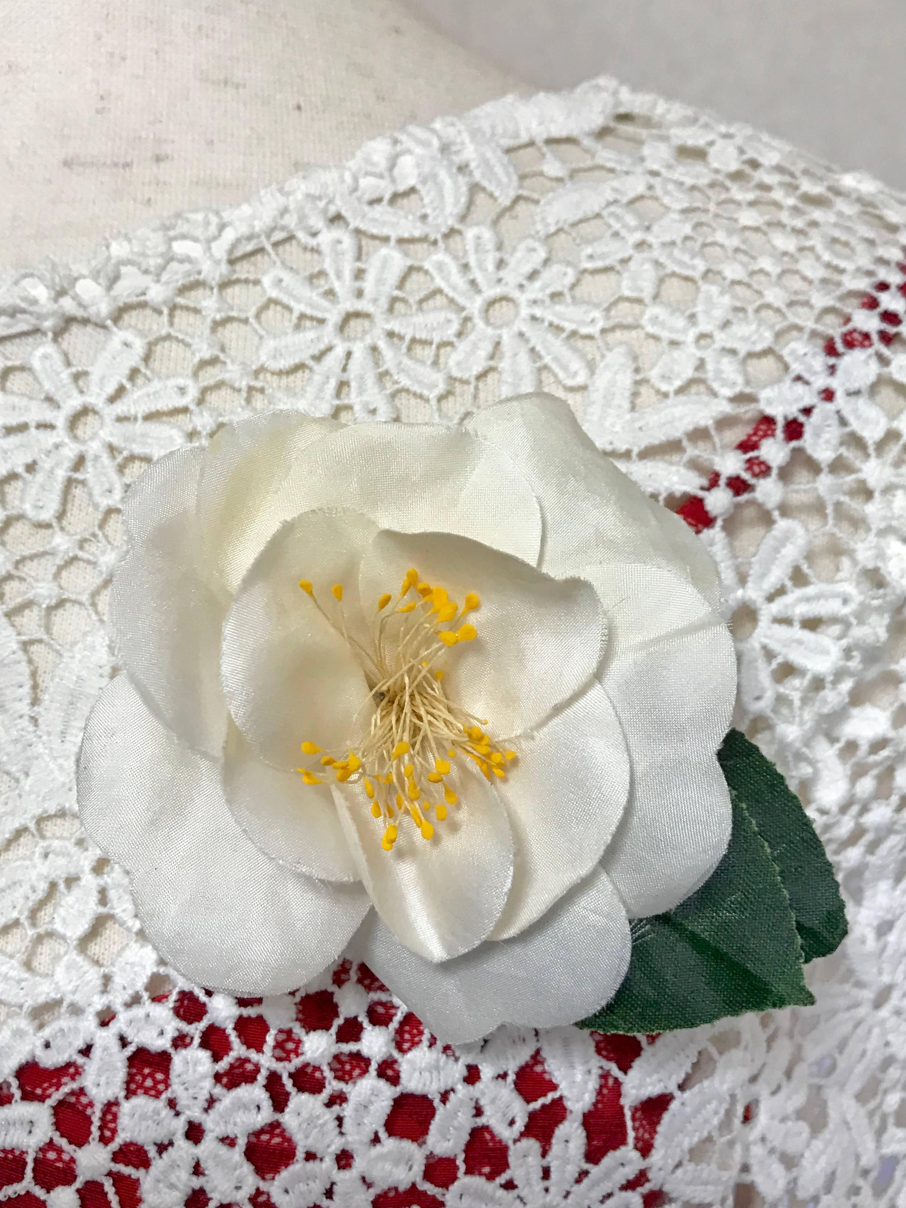 Vintage CHANEL ivory white silk camellia flower brooch with green leaves.  5