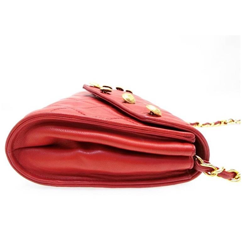Red Chanel Vintage red lamb shoulder bag with golden CC button motifs at flap  For Sale