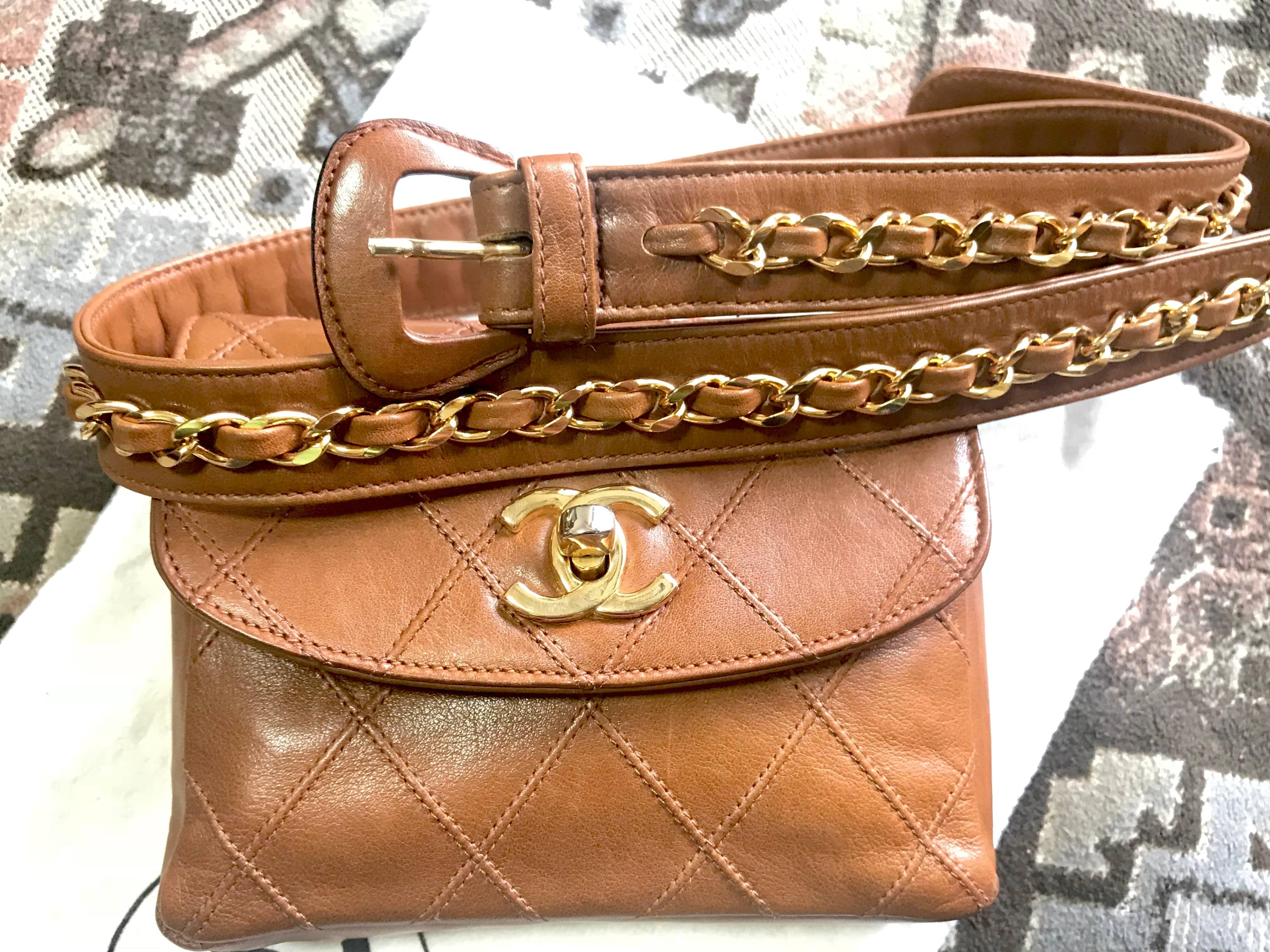 Chanel Vintage brown belt fanny pack hip bag with gold CC motif and chains In Good Condition In Kashiwa, Chiba