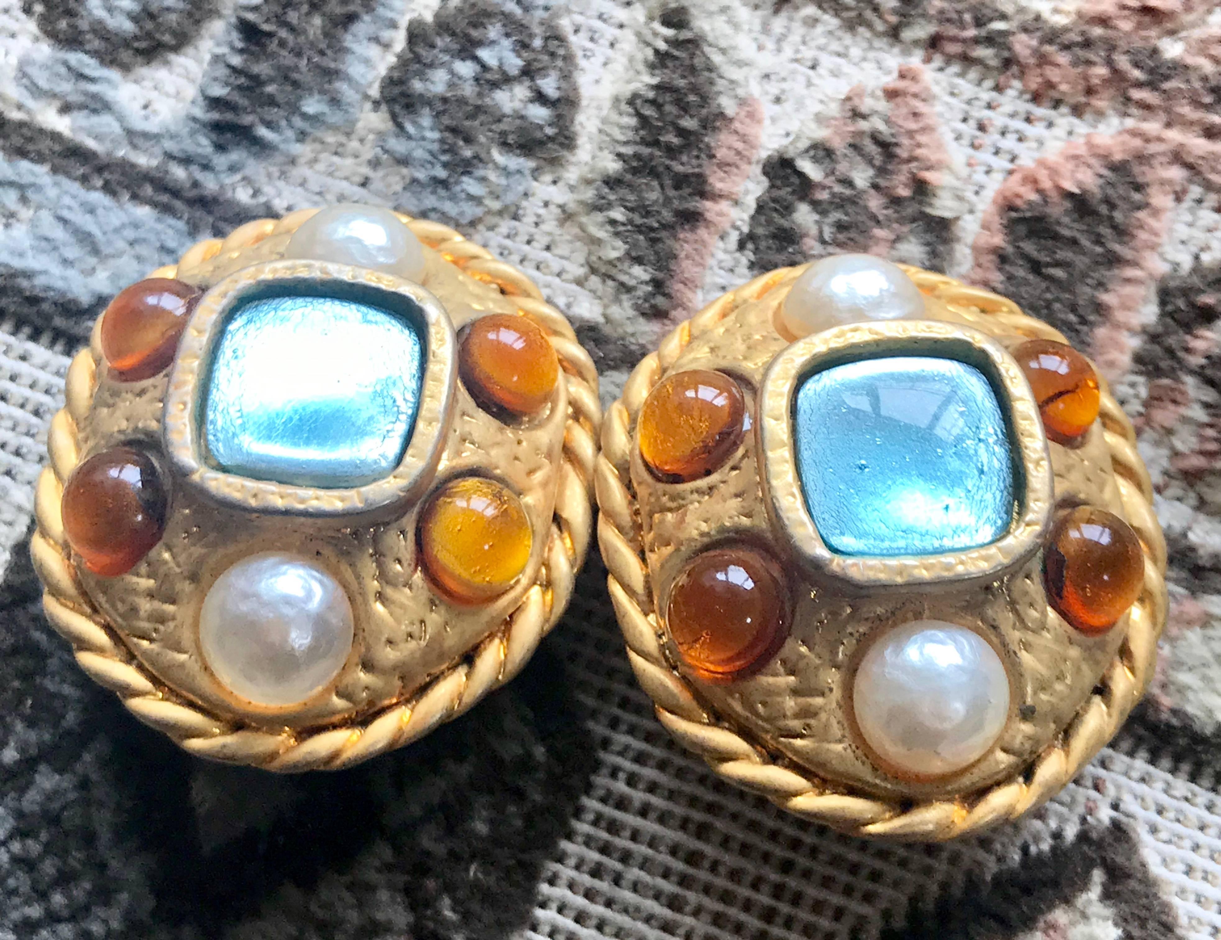 1990s. Vintage CHANEL golden oval faux pearl, light blue and orange gripoix jewel stone extra large earrings. Masterpiece jewelry.

Fun and Chic and Gorgeous CHANEL earrings for  you or your loved one!  
Great gift idea. 

Introducing large unique