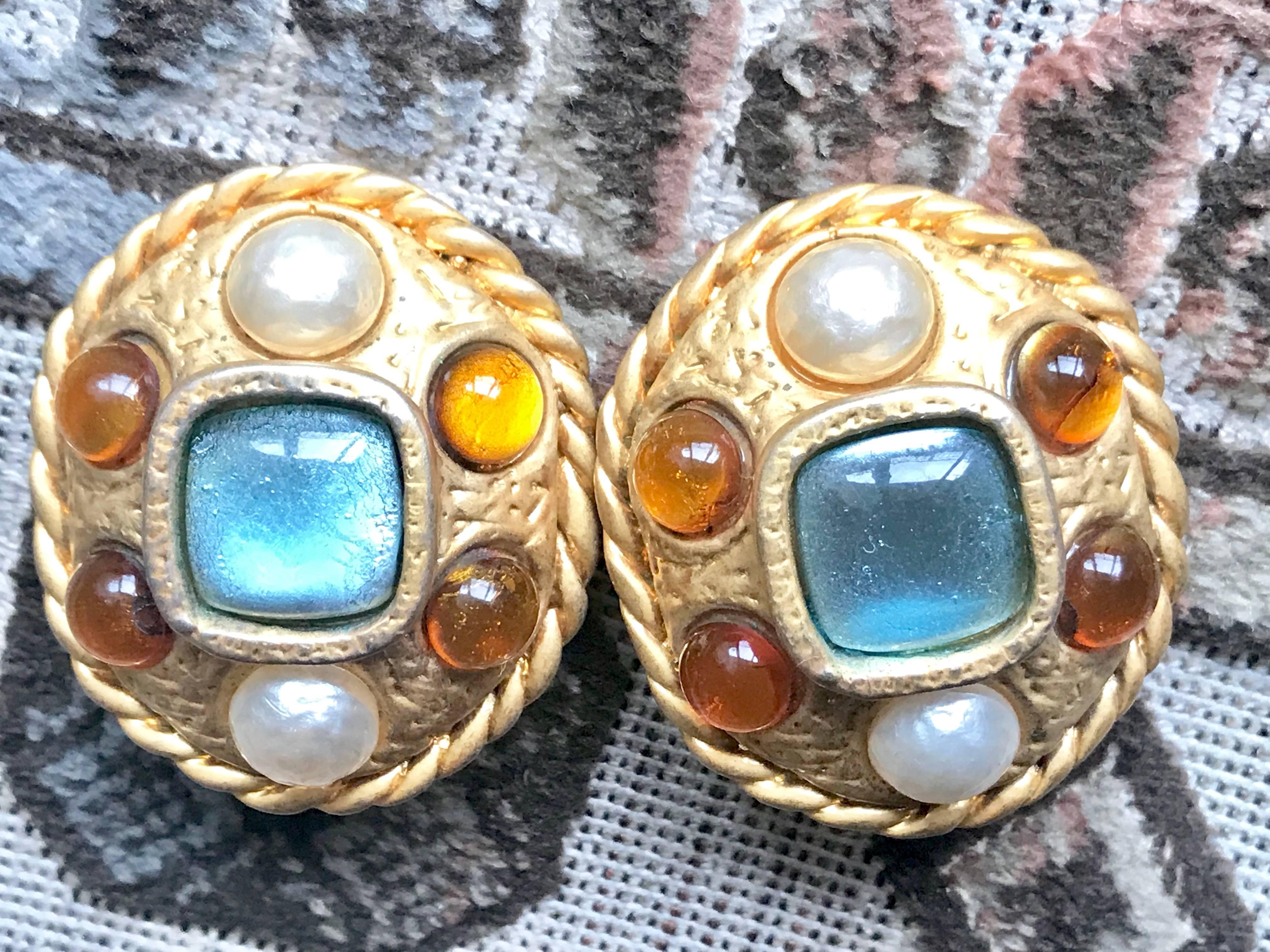 Women's Vintage CHANEL golden oval faux pearl, blue and orange gripoix large earrings. For Sale