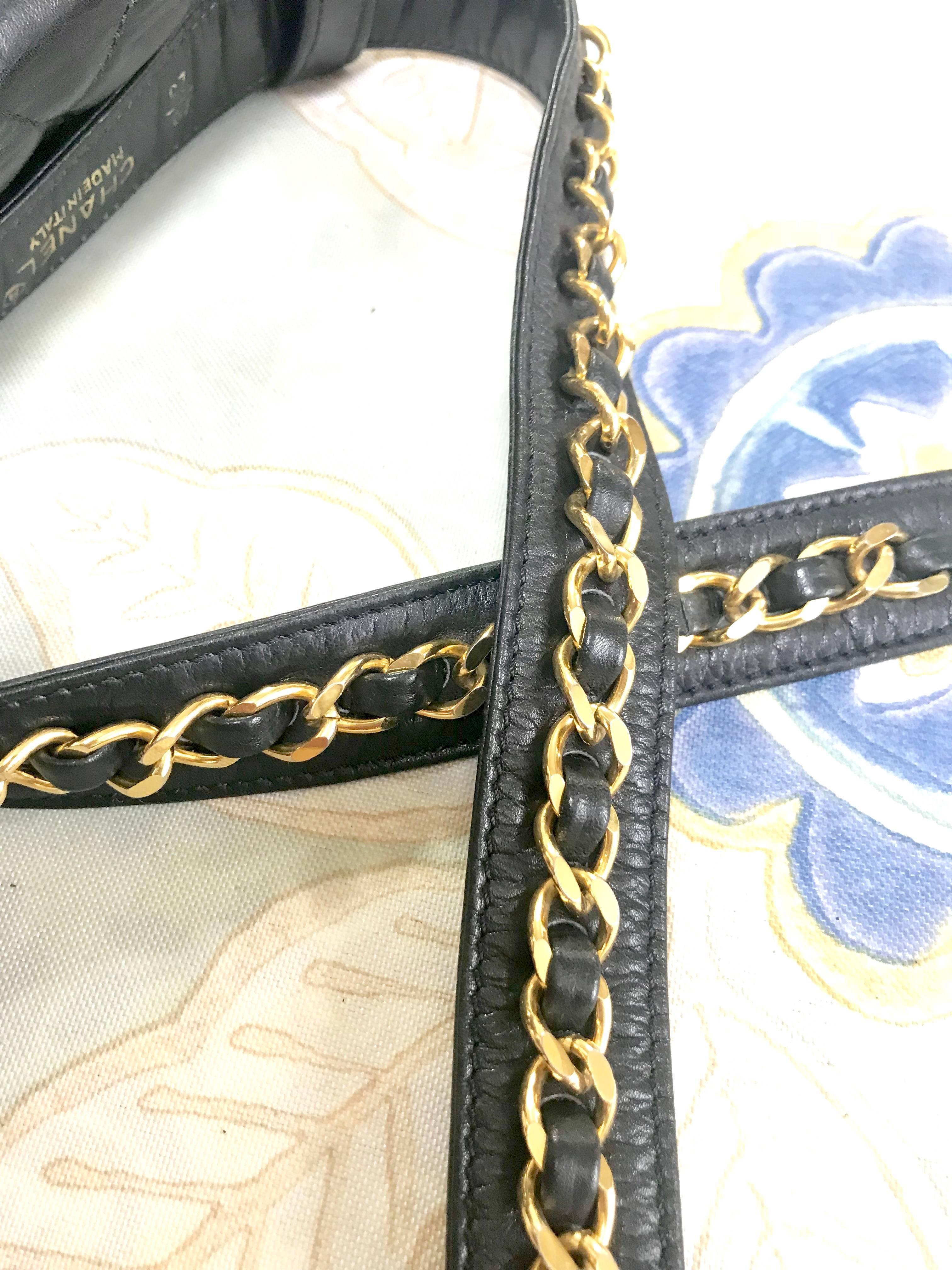 Vintage CHANEL black lamb belt bag, fanny pack with golden chain belt and CC. 9