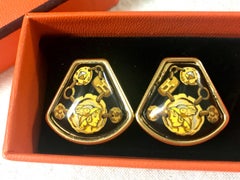 Vintage Hermes cloisonne golden earrings with black, yellow chain, stud, H print