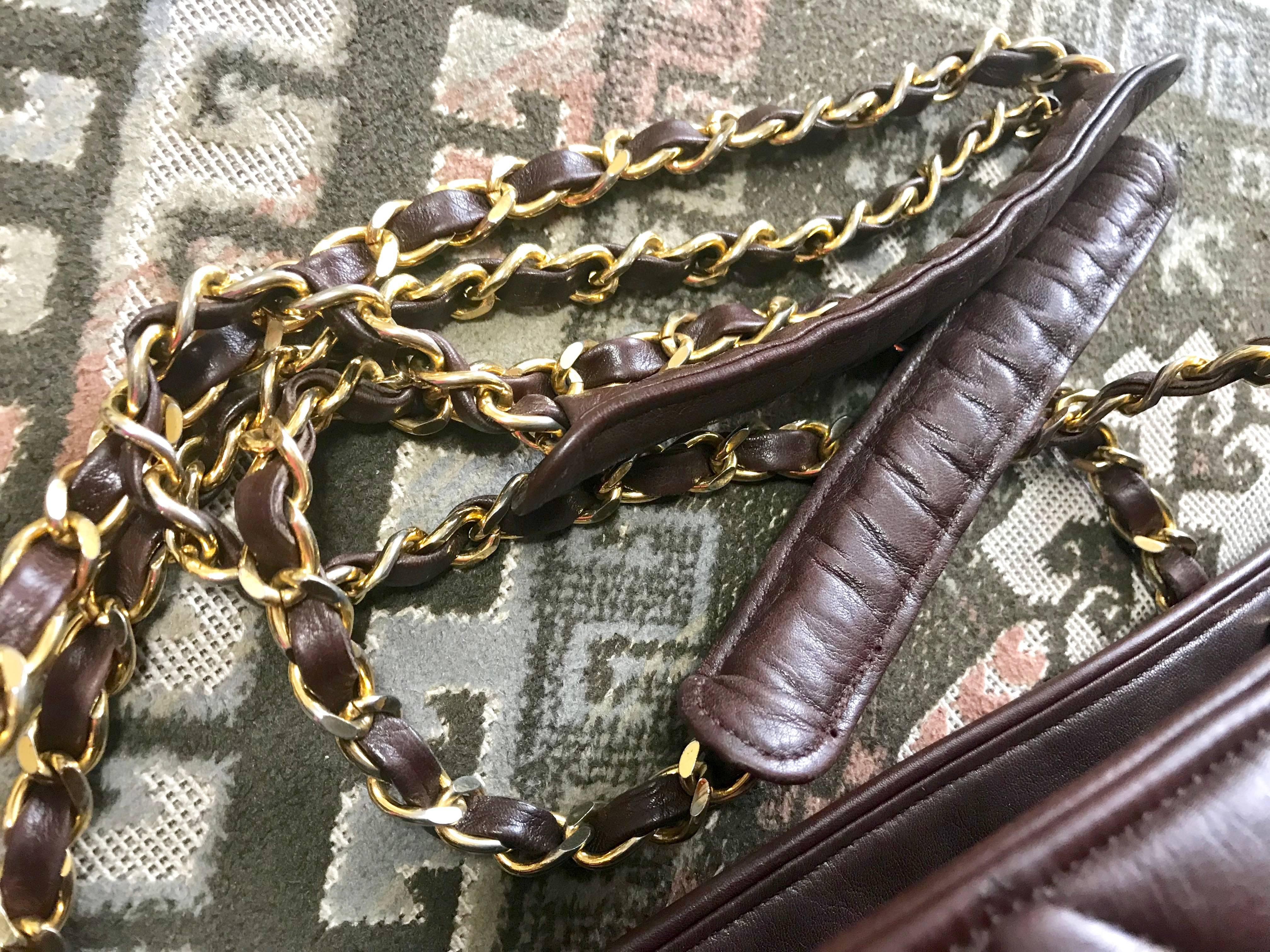 Vintage CHANEL brown quilted lamb leather classic tote bag with golden chains. For Sale 8