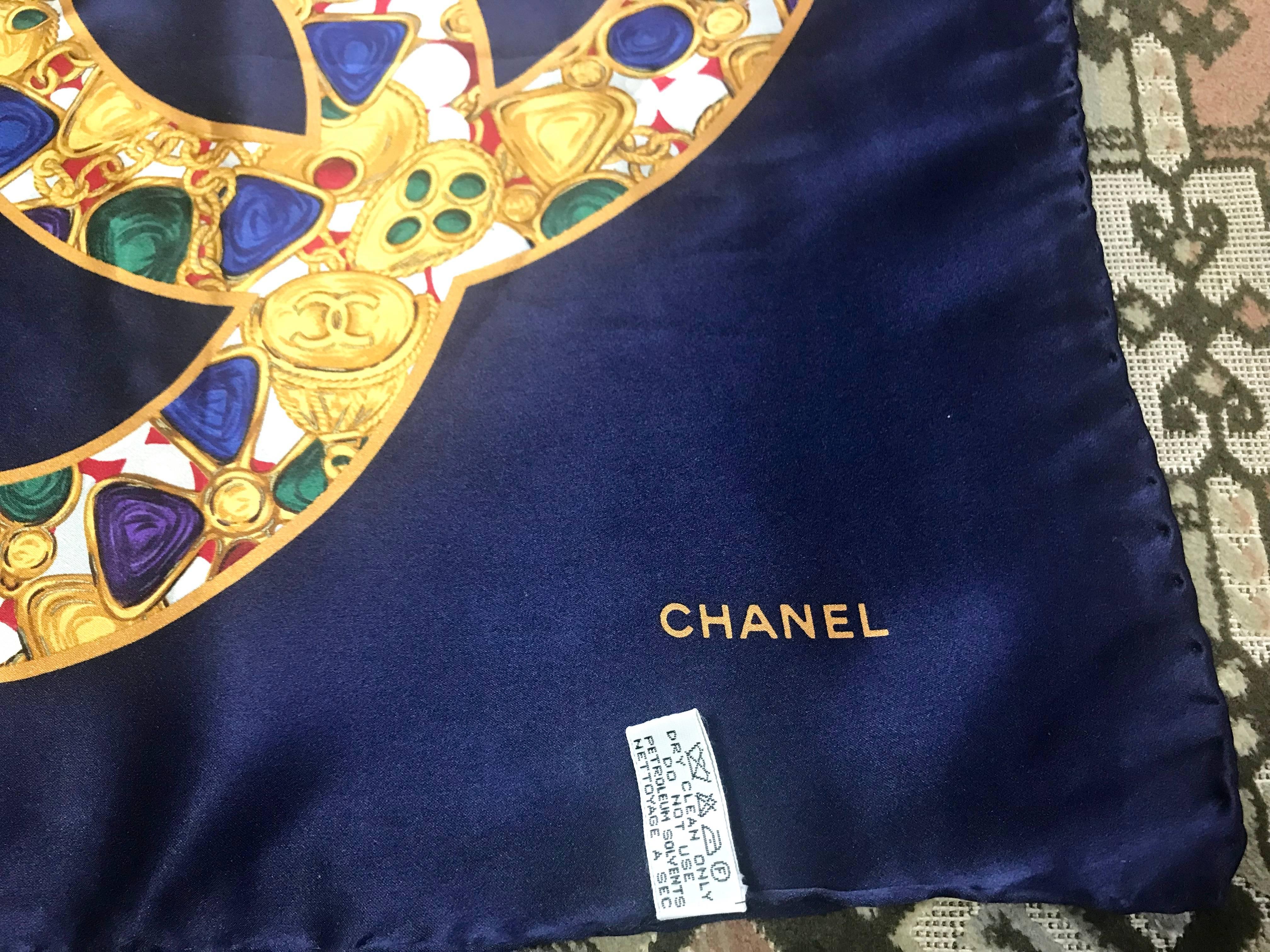 Purple Vintage CHANEL navy silk scarf with gold, red, purple, green jewelry print in CC