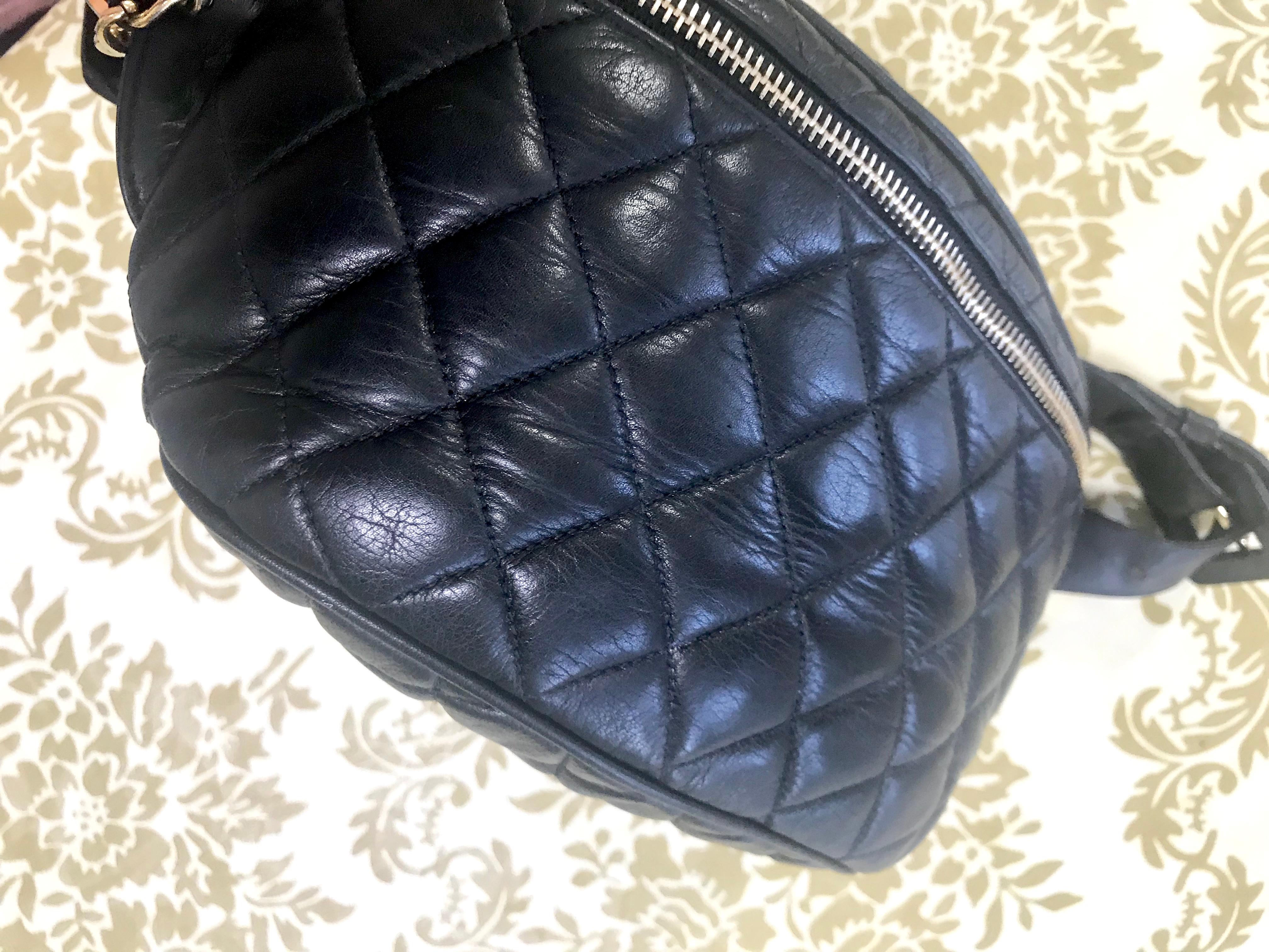Black Chanel Vintage black lamb leather waist bag / fanny pack with double buckle belt