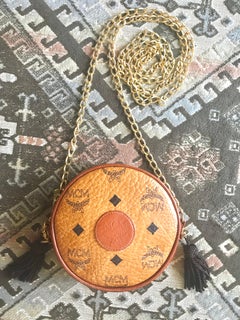 Vintage MCM brown monogram mini Suzy Wong chain shoulder purse with brown fringe