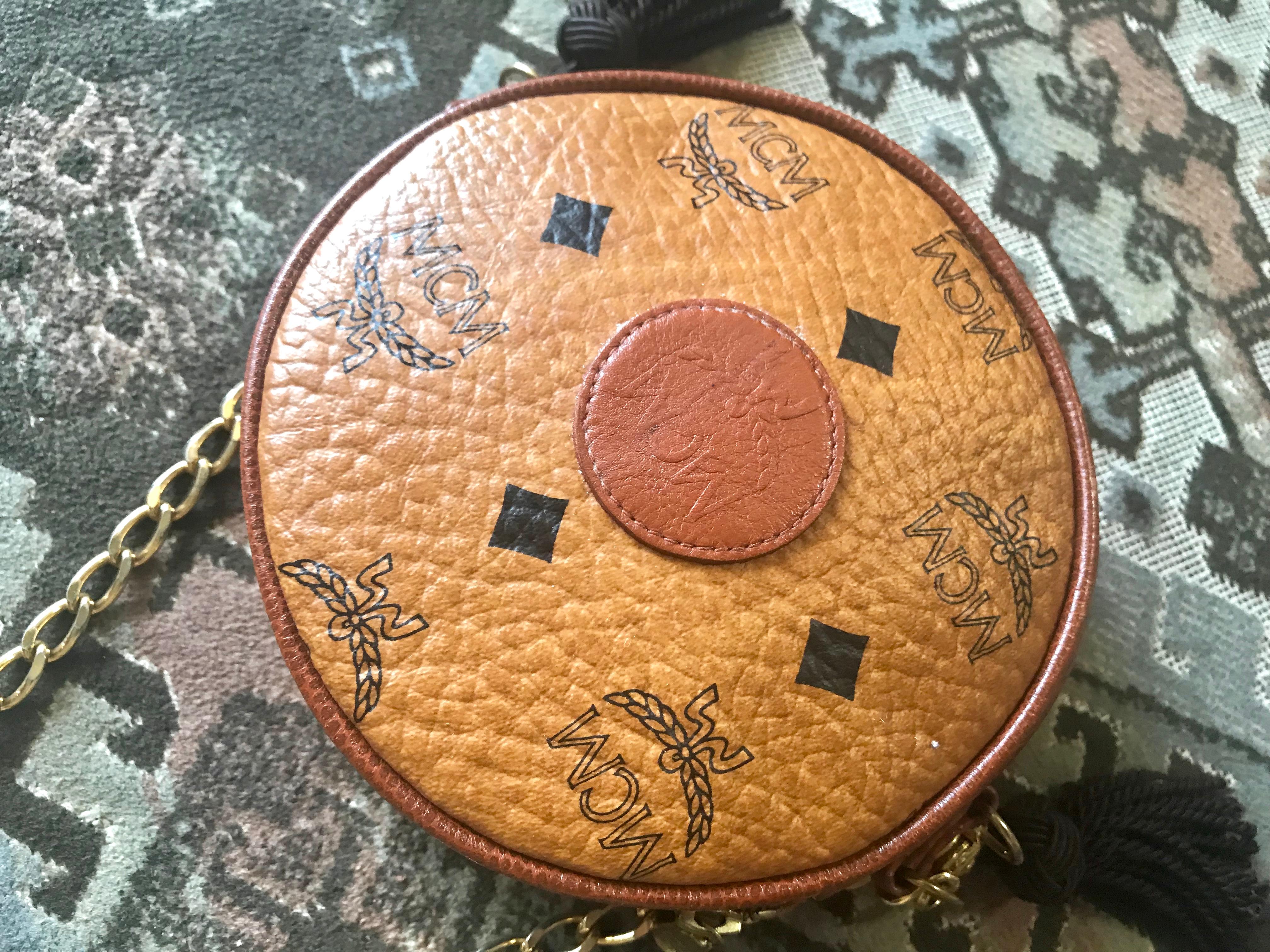 Beige Vintage MCM brown monogram mini Suzy Wong chain shoulder purse with brown fringe For Sale