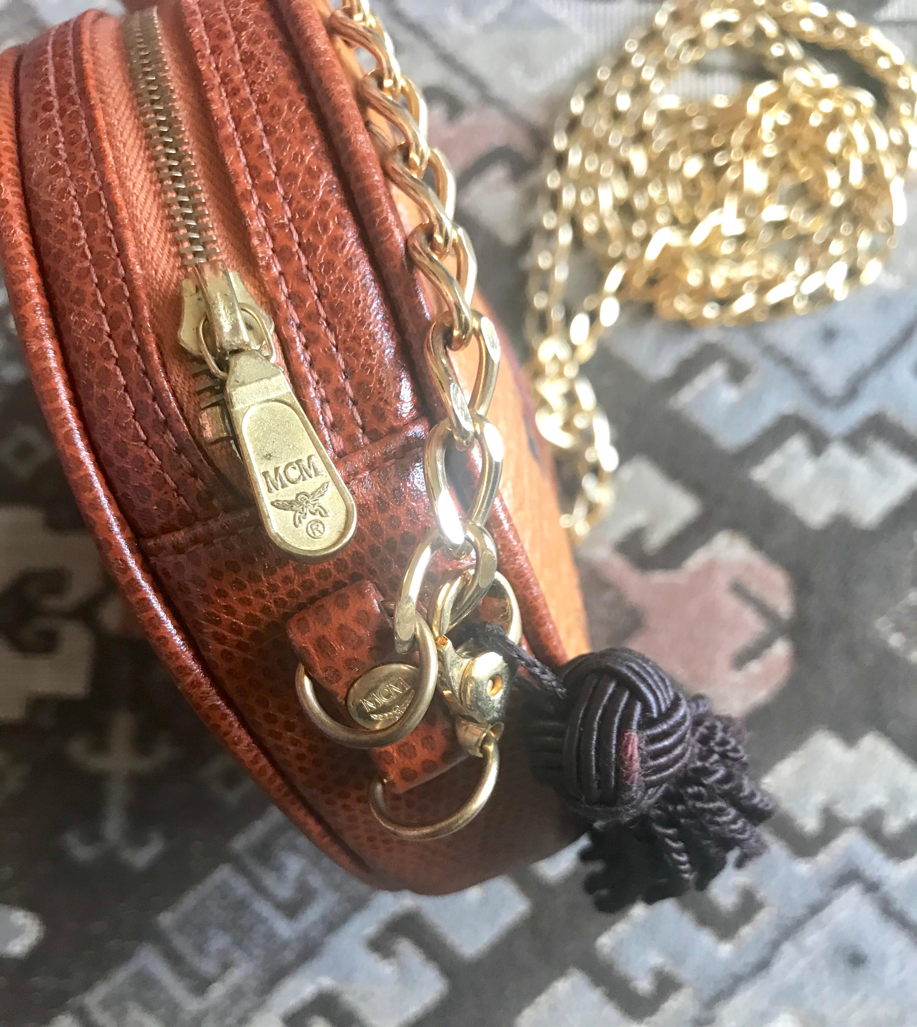 Vintage MCM brown monogram mini Suzy Wong chain shoulder purse with brown fringe For Sale 2