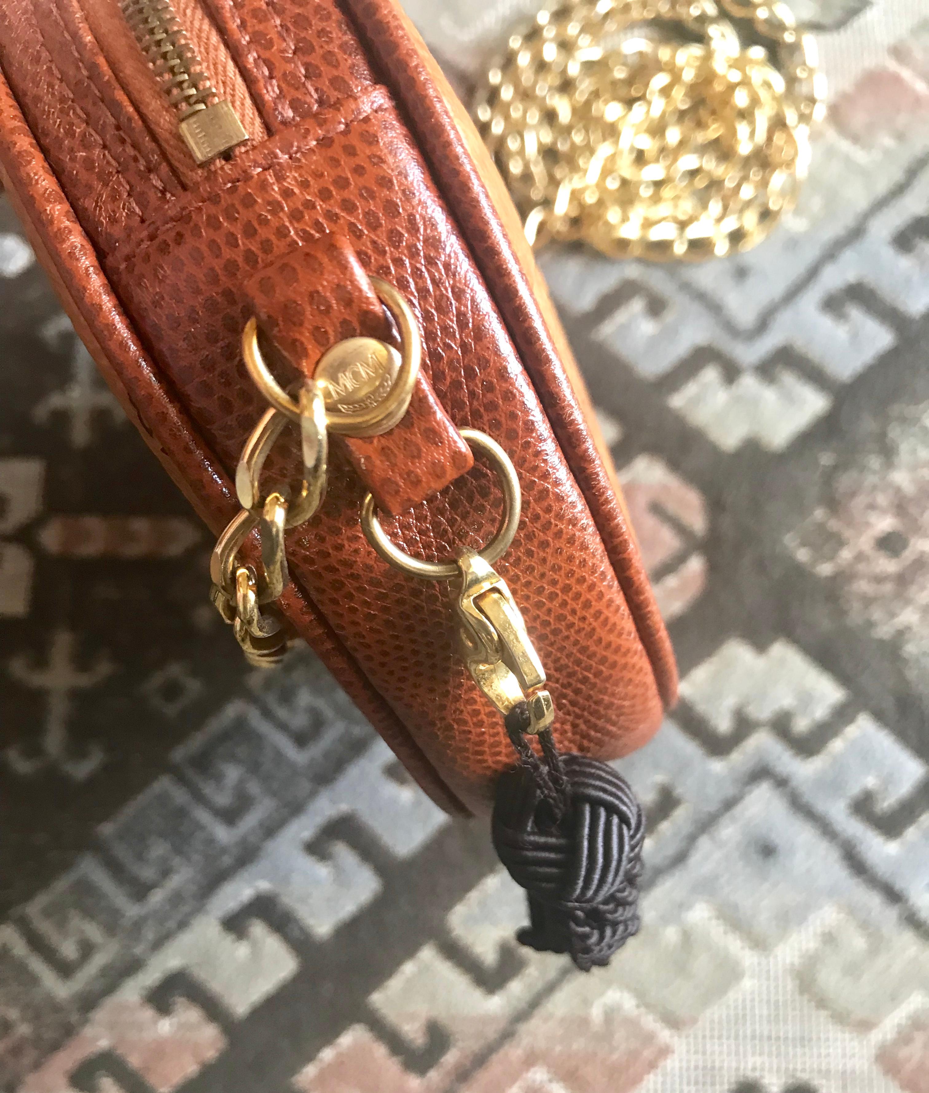 Vintage MCM brown monogram mini Suzy Wong chain shoulder purse with brown fringe For Sale 3