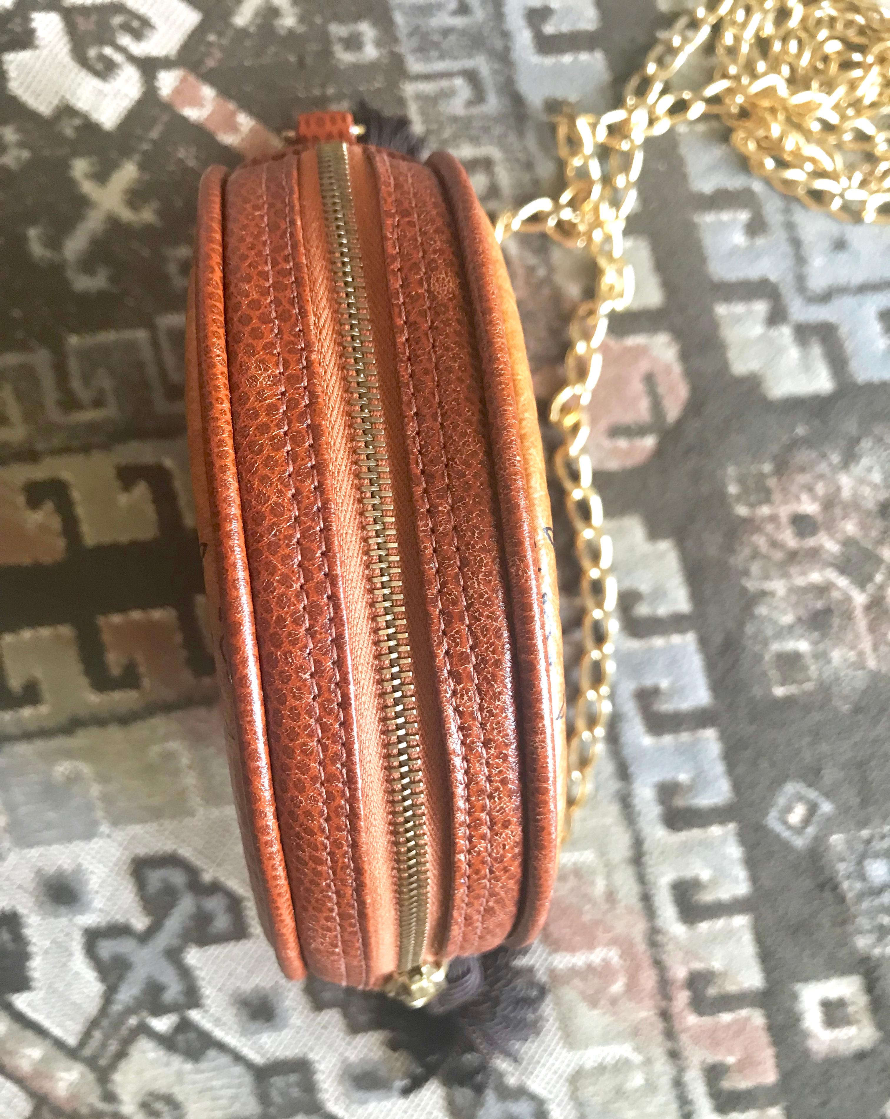 Vintage MCM brown monogram mini Suzy Wong chain shoulder purse with brown fringe For Sale 1