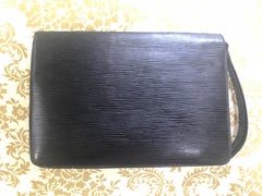 Vintage Louis Vuitton black epi leather wristlet clutch bag, purse with strap.