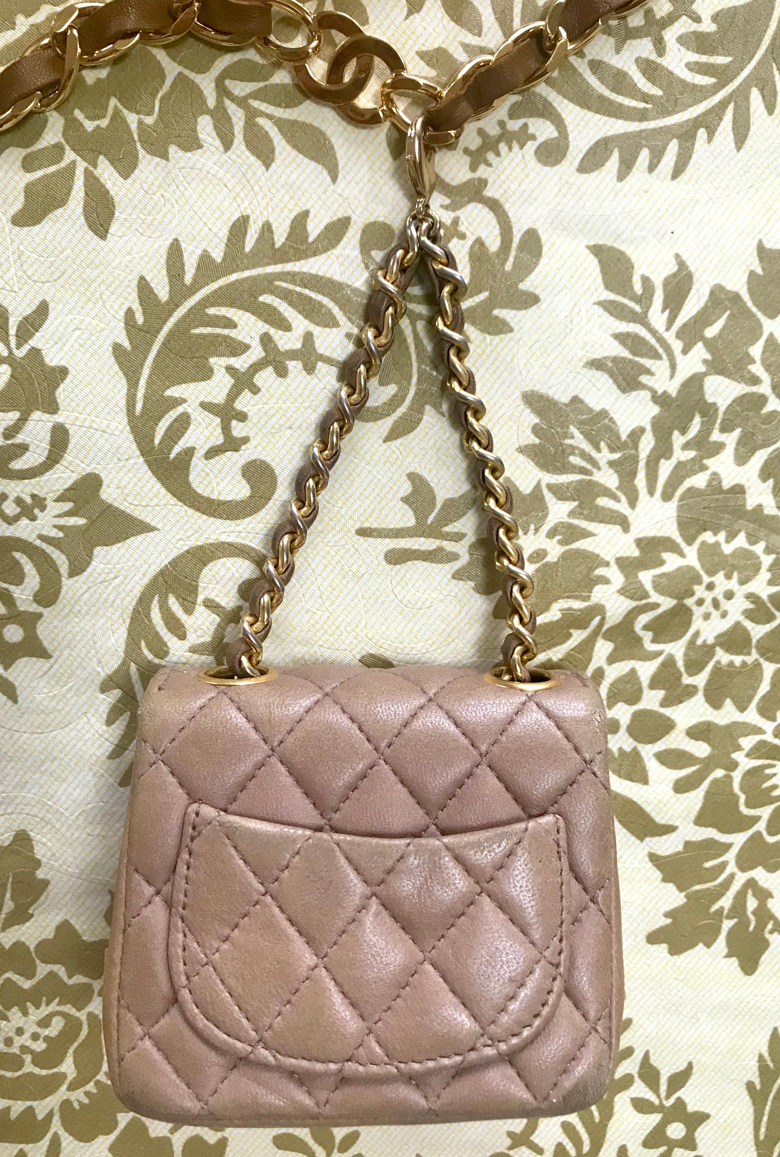 Chanel Vintage brown lambskin mini 2.55 bag charm and golden chain belt with CC For Sale 3