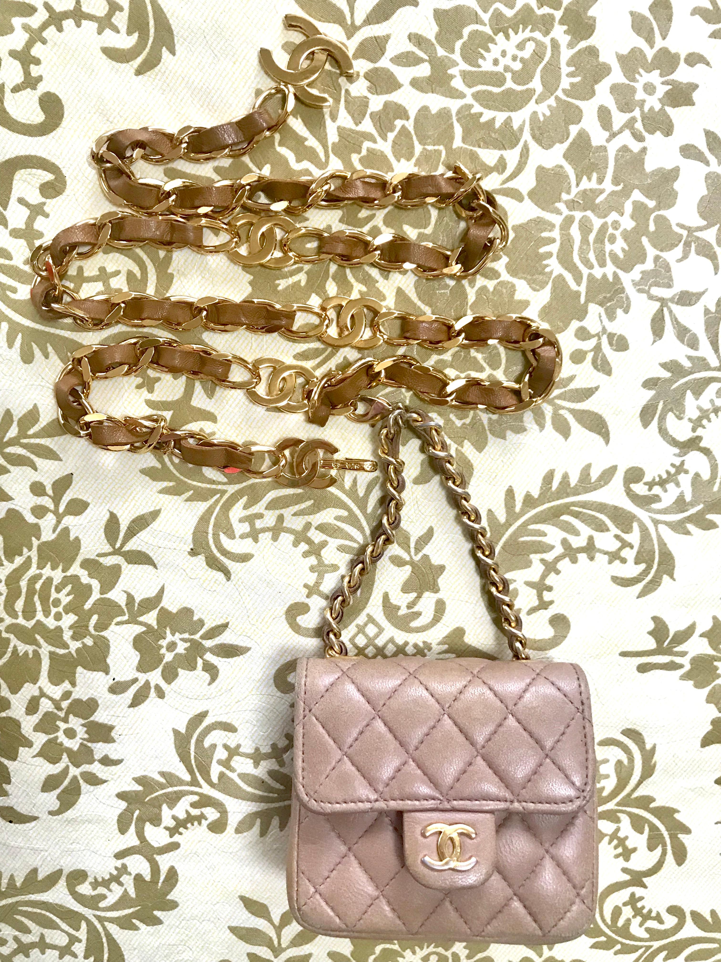 Brown Chanel Vintage brown lambskin mini 2.55 bag charm and golden chain belt with CC For Sale