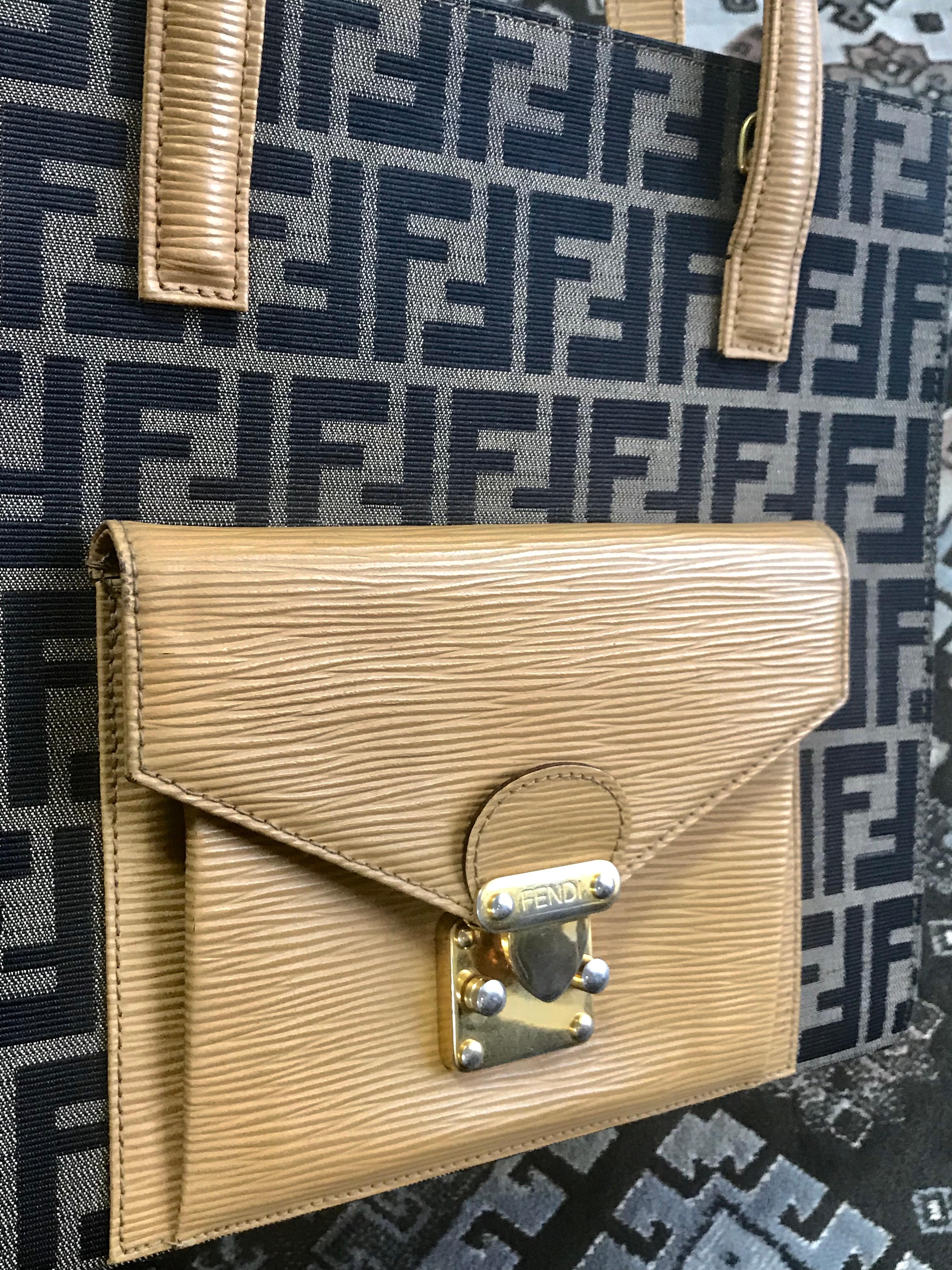 Vintage Fendi classic logo zukka jacquard & mustard yellow epi leather tote bag. For Sale 5