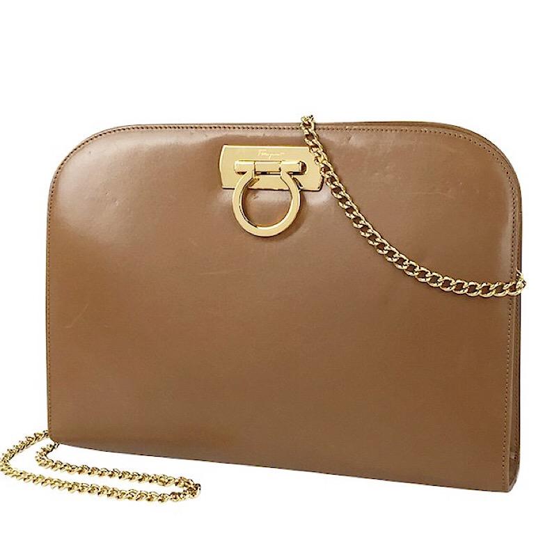 Vintage Salvatore Ferragamo brown leather shoulder purse with gold tone chain For Sale
