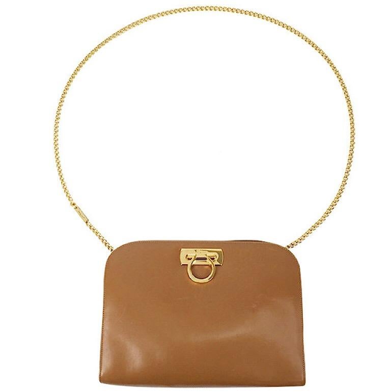 Brown Vintage Salvatore Ferragamo brown leather shoulder purse with gold tone chain For Sale
