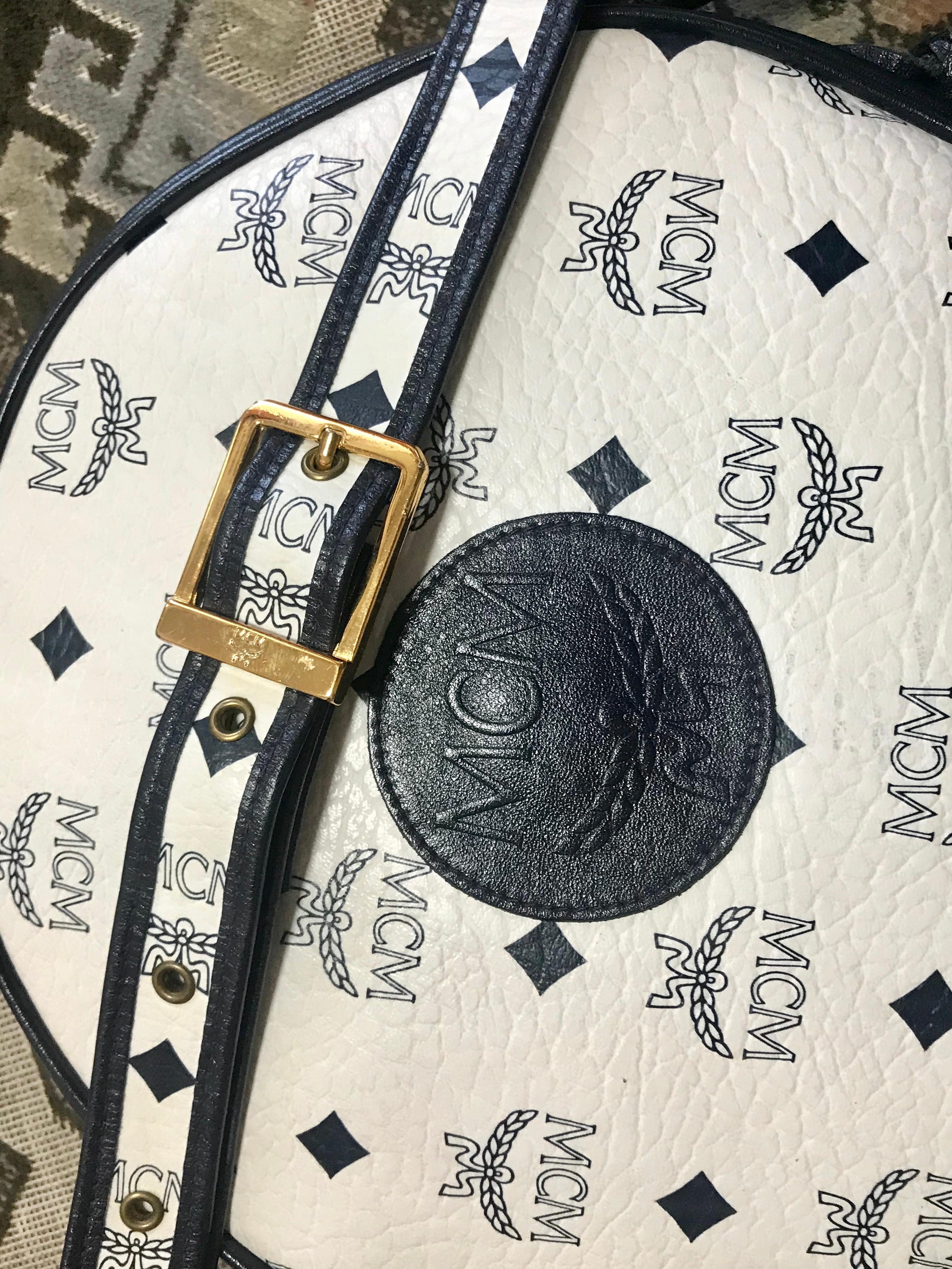 White Vintage MCM navy and white monogram round Suzy Wong shoulder bag. Michael Cromer For Sale