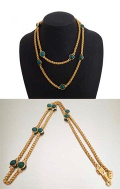 Vintage Chanel green gripoix stones and  tube chain long necklace with CC mark.