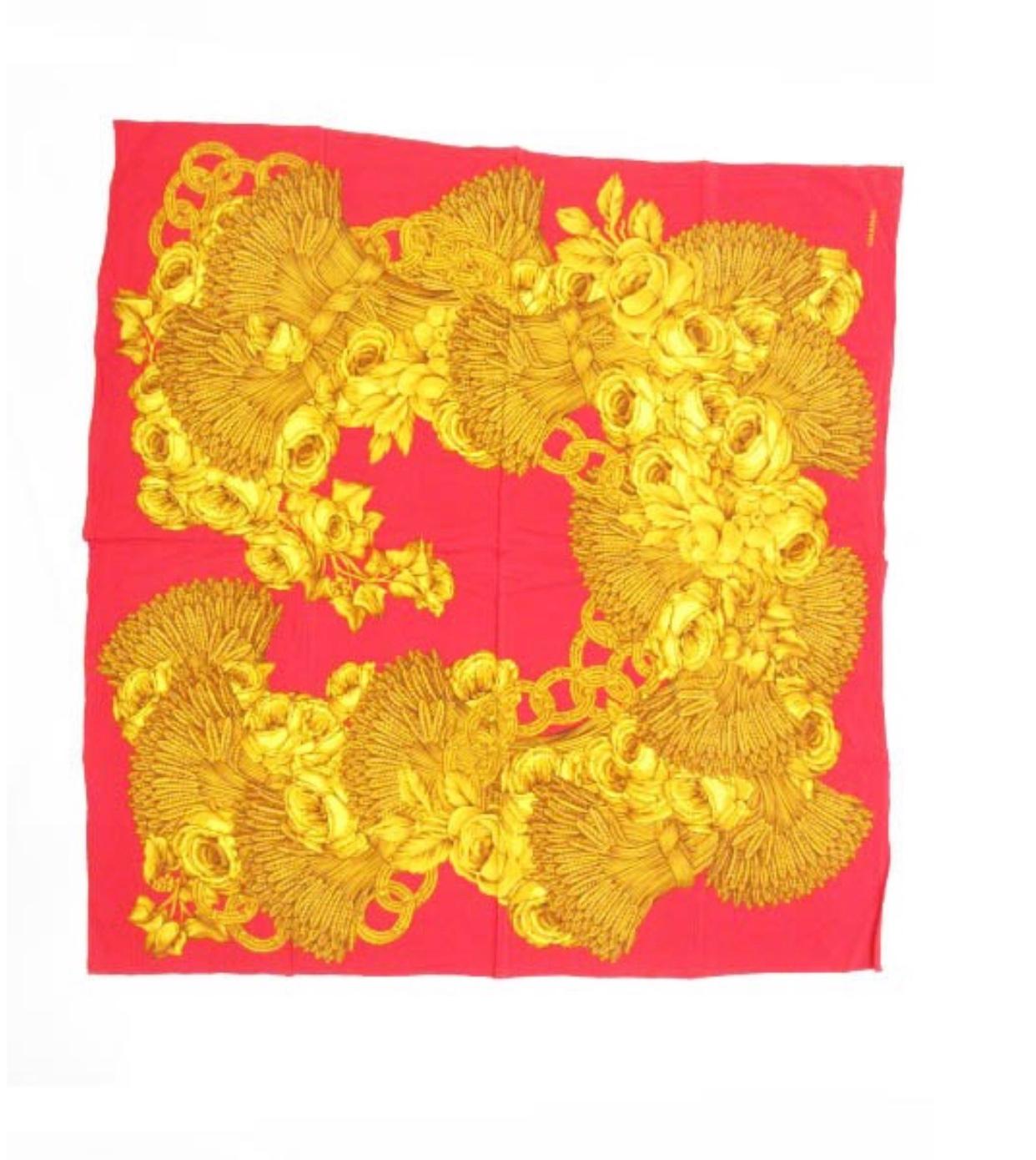 1990s. Vintage CHANEL red and gold color CC marks, rose, wheat, and chain pattern large silk scarf. Gorgeous wrapping.

This is a 100% silk scarf from CHANEL in the 90s. 
With red and gold combination, the CHANEL's CC motif, rose, wheat and chain