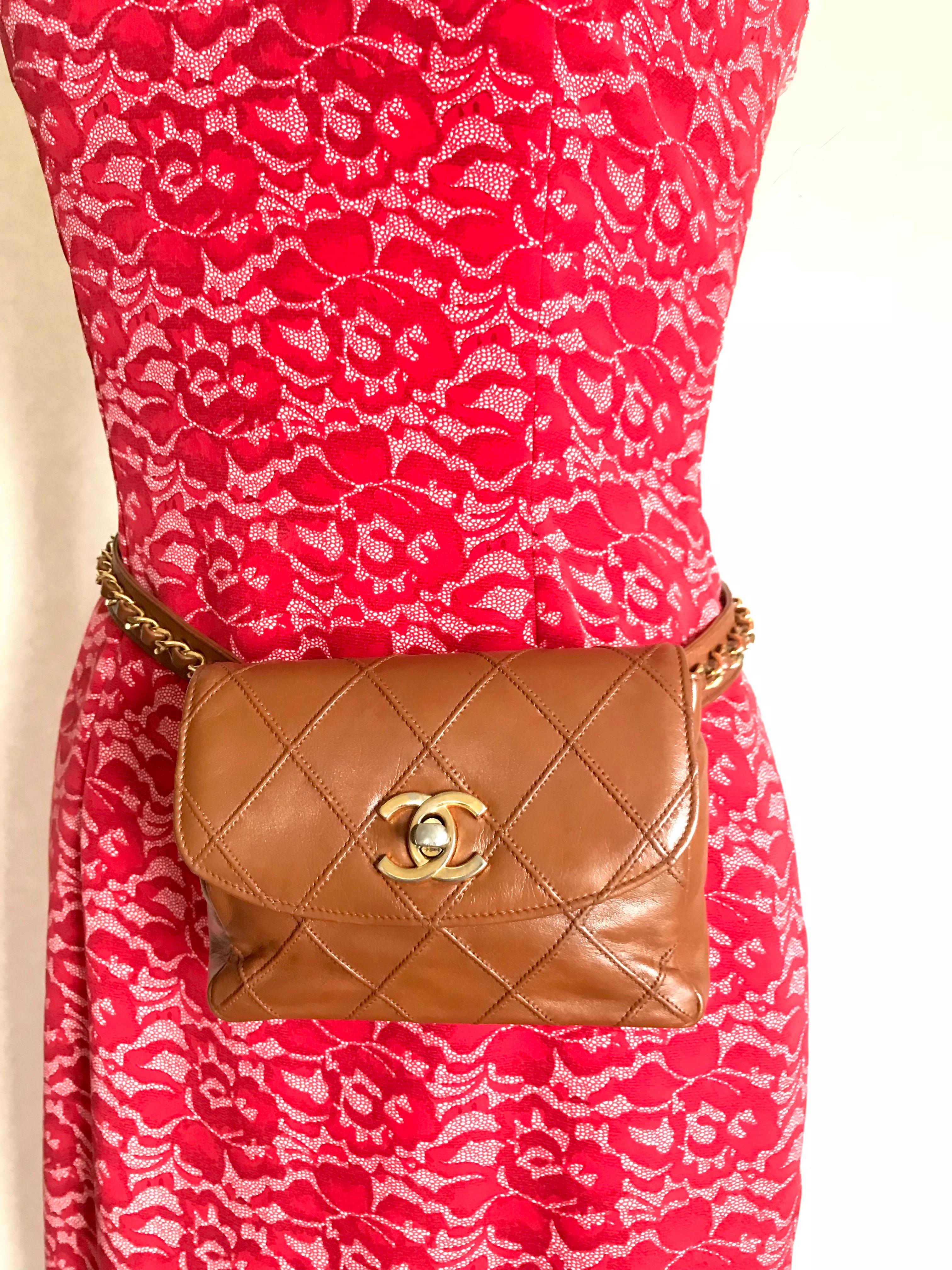 Chanel Vintage brown leather waist purse fanny pack hip bag with . Belt bag. For Sale 12