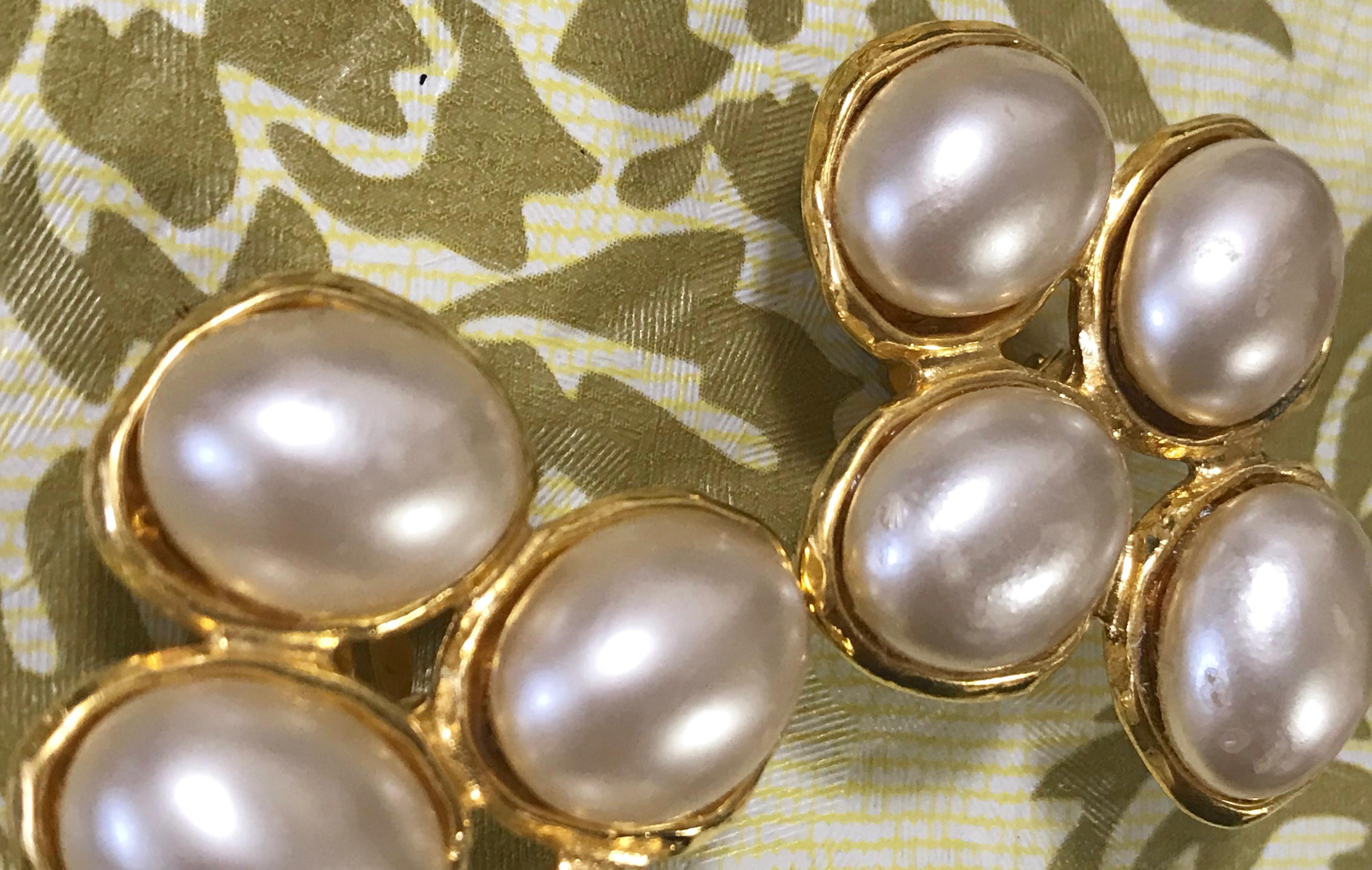 1990s. Vintage CHANEL large oval faux pearl earrings with golden frames. Elegant Chanel jewelry. Perfect gift. Great for Wedding and formal ceremony as well.

For all CHANEL lover and vintage collectors! 
Introducing 4 large oval faux pearls