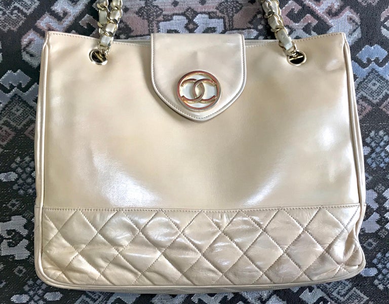 Chanel Vintage beige calf leather large chain shoulder tote bag with ...