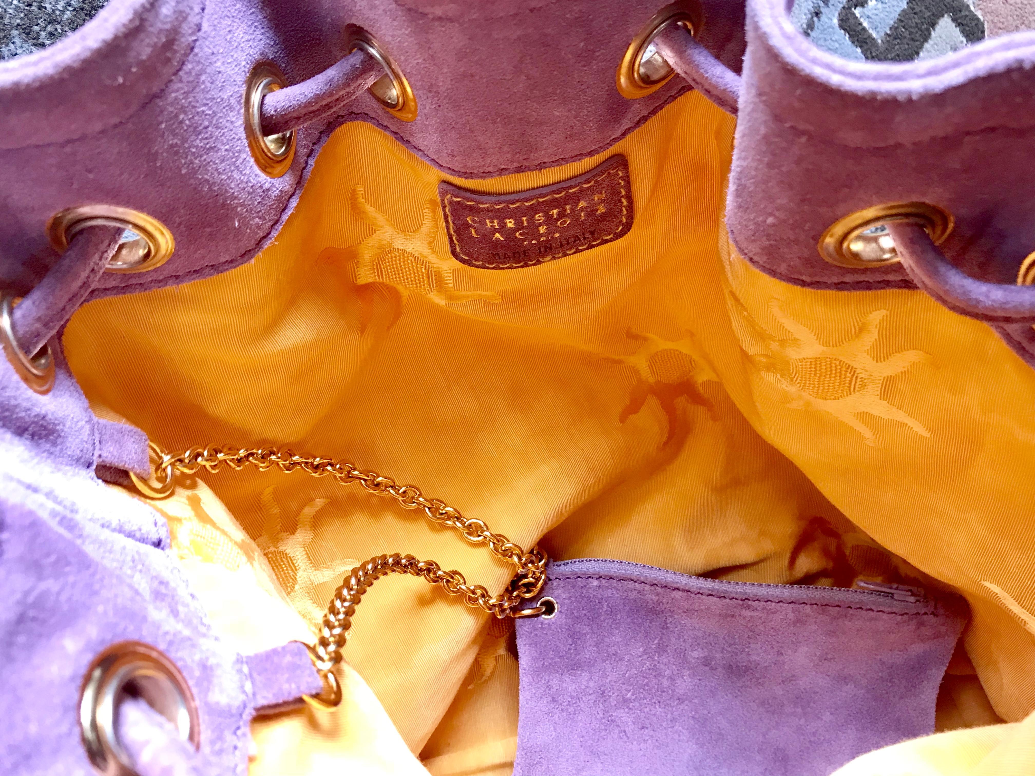 Christian Lacroix Vintage purple suede hobo bucket shoulder bag with gold motifs For Sale 11