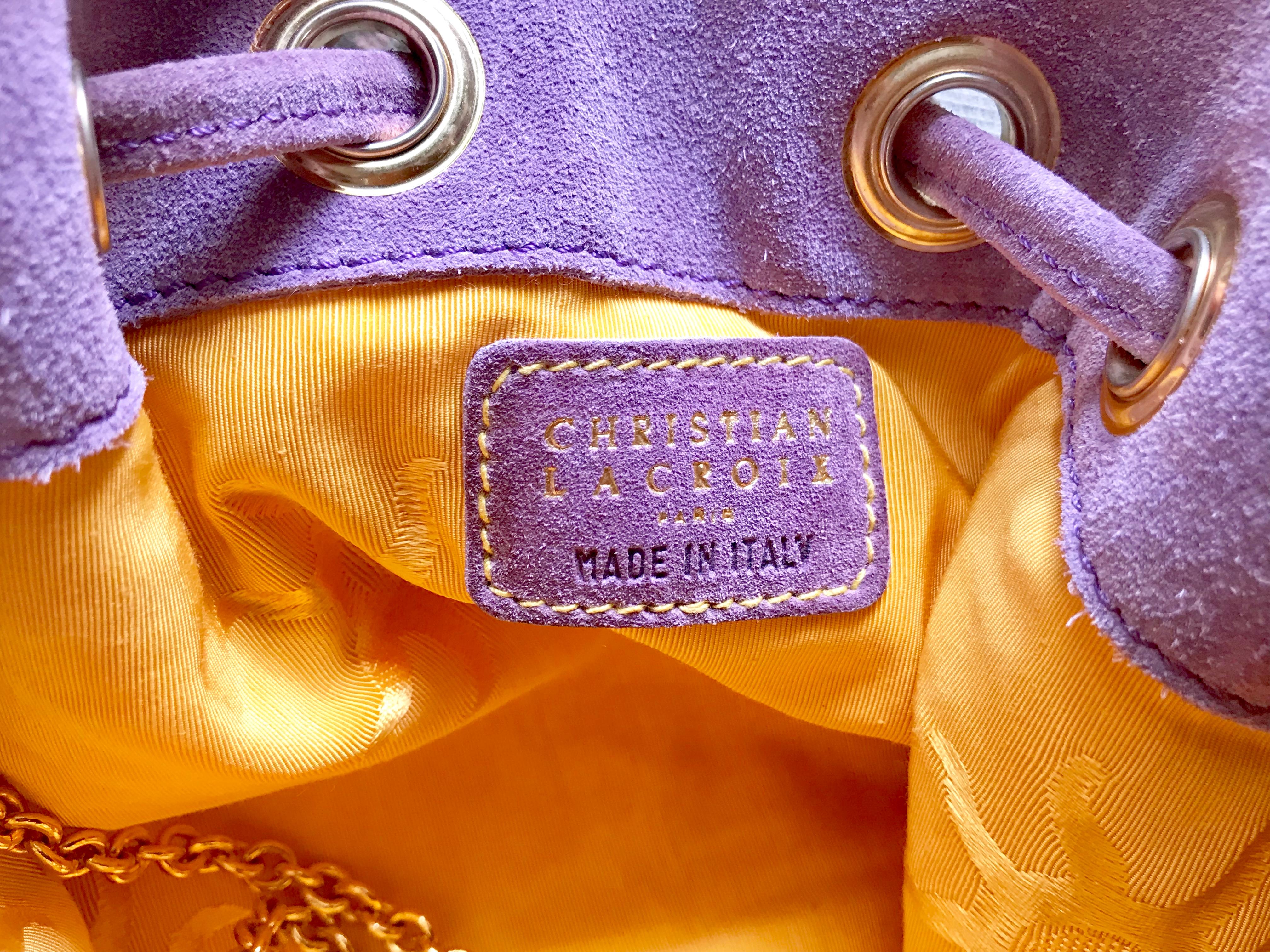 Christian Lacroix Vintage purple suede hobo bucket shoulder bag with gold motifs For Sale 10