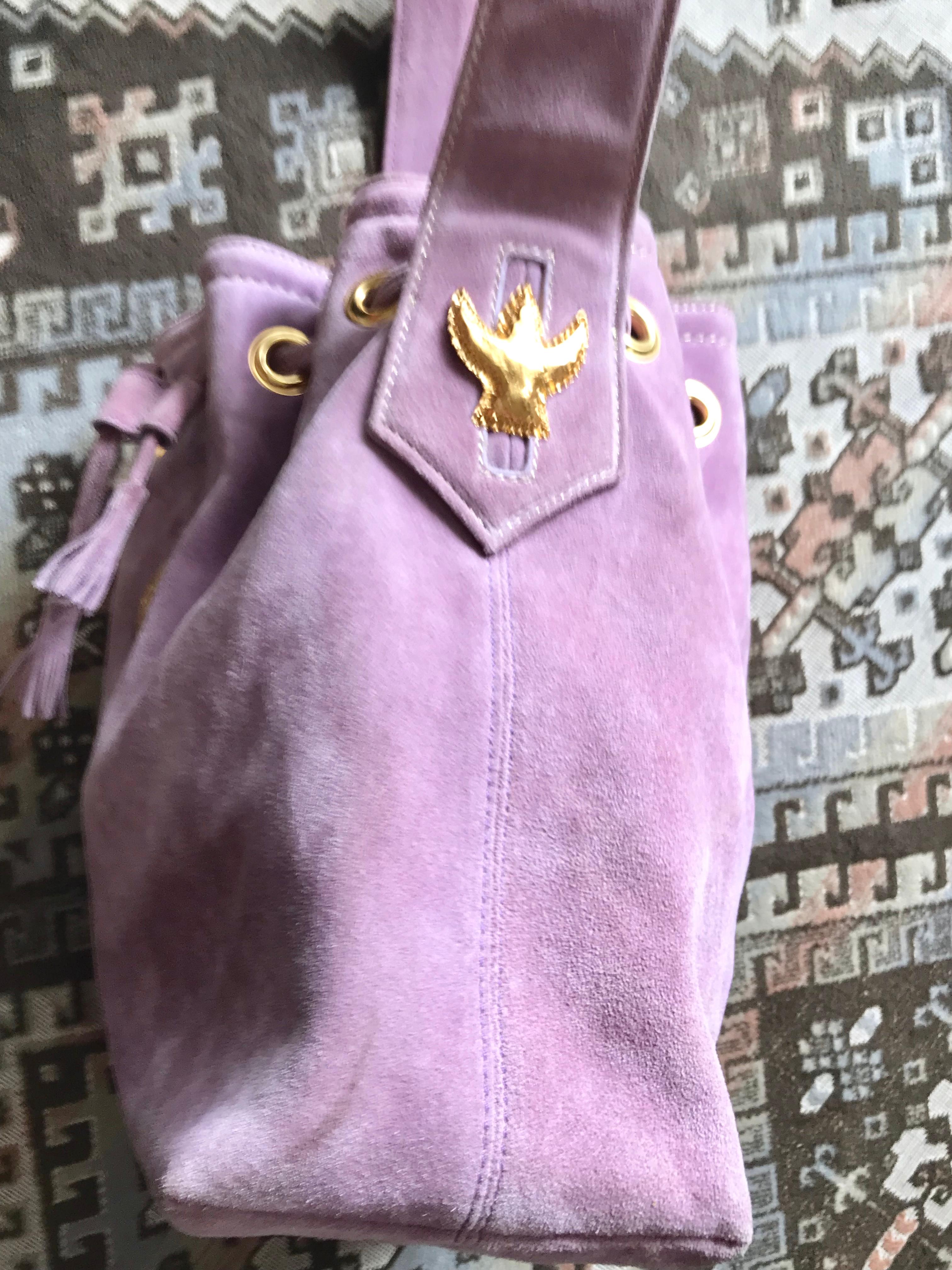 Christian Lacroix Vintage purple suede hobo bucket shoulder bag with gold motifs For Sale 1
