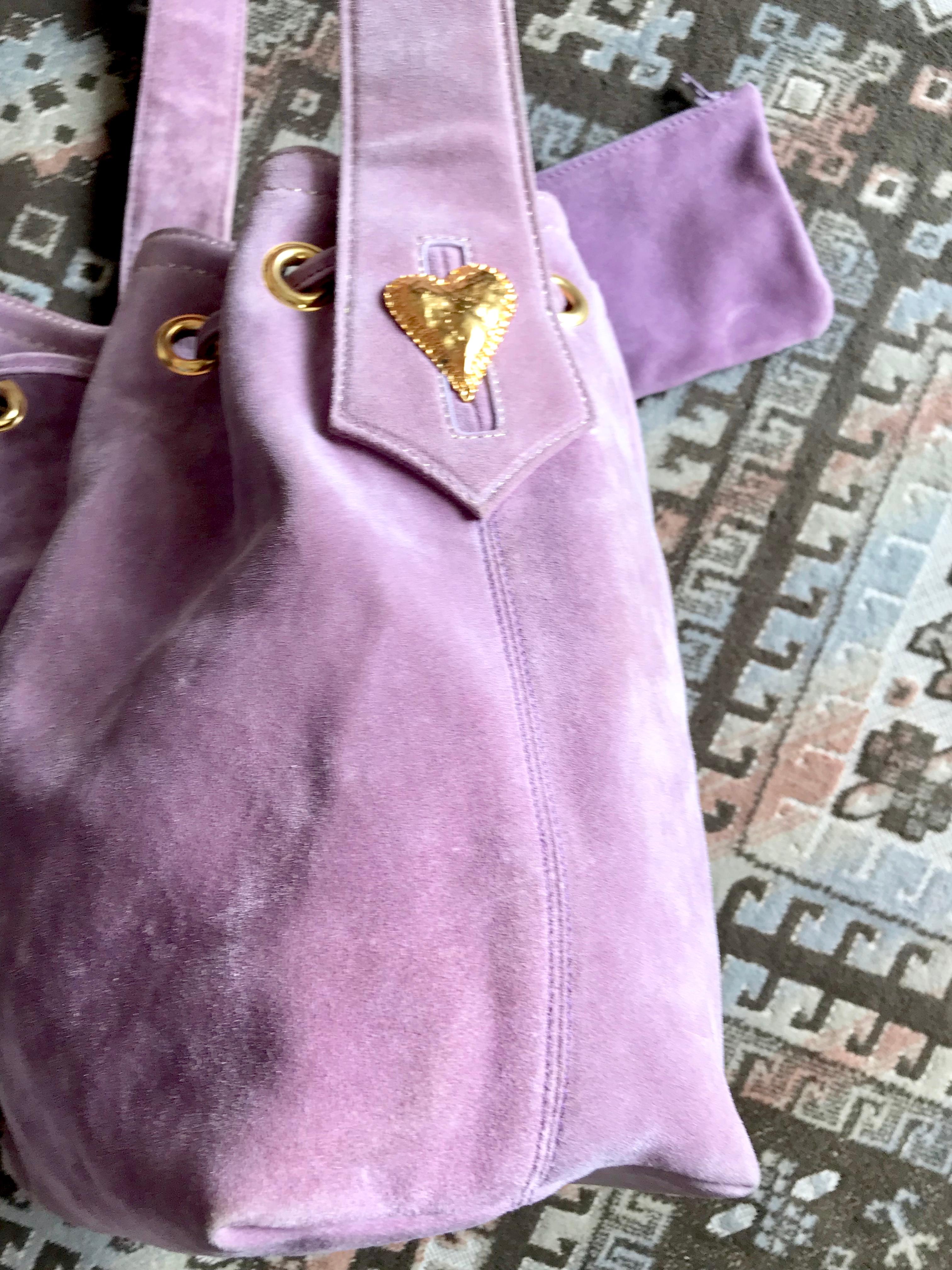 Christian Lacroix Vintage purple suede hobo bucket shoulder bag with gold motifs For Sale 2