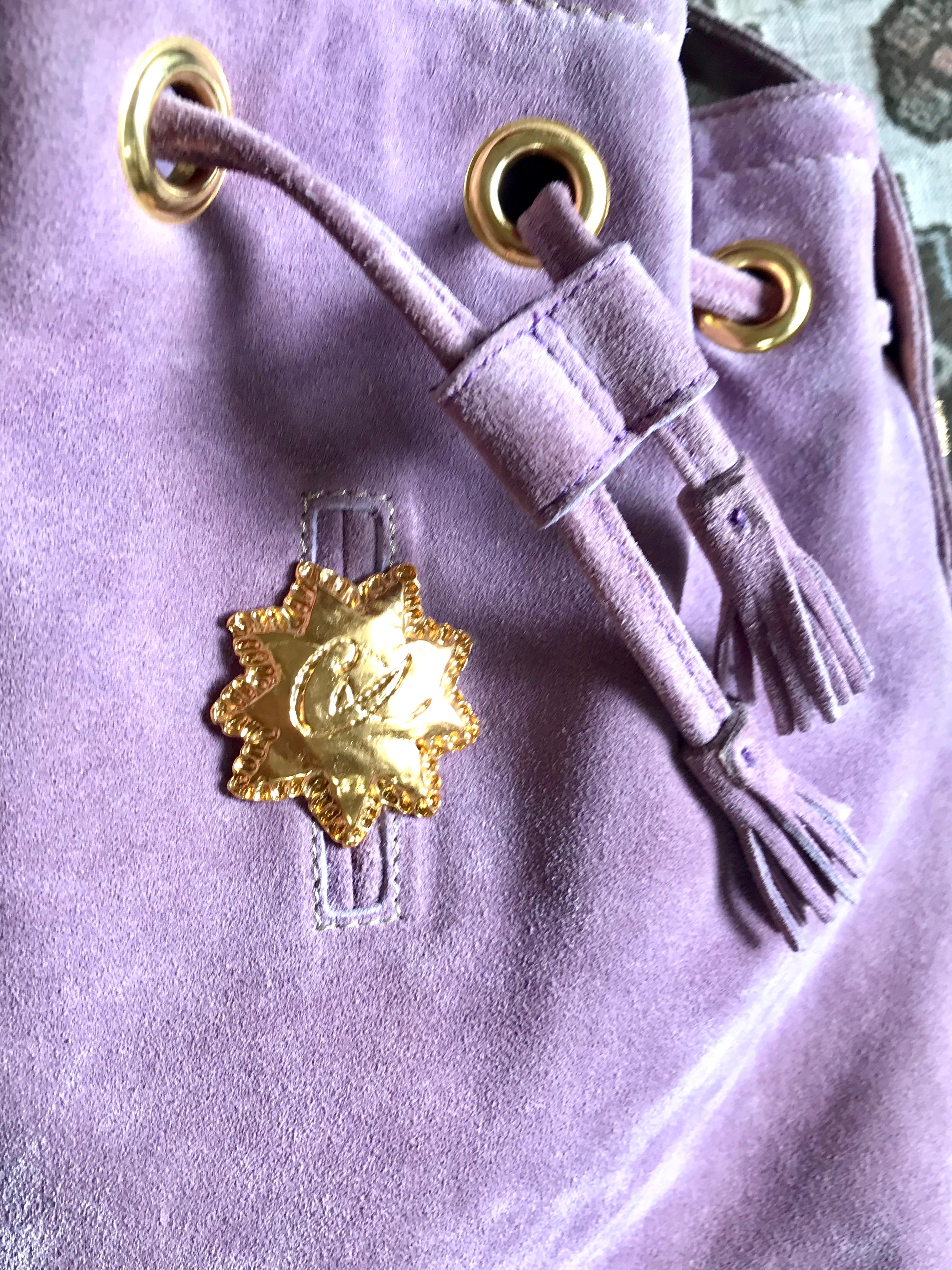 Purple Christian Lacroix Vintage purple suede hobo bucket shoulder bag with gold motifs For Sale