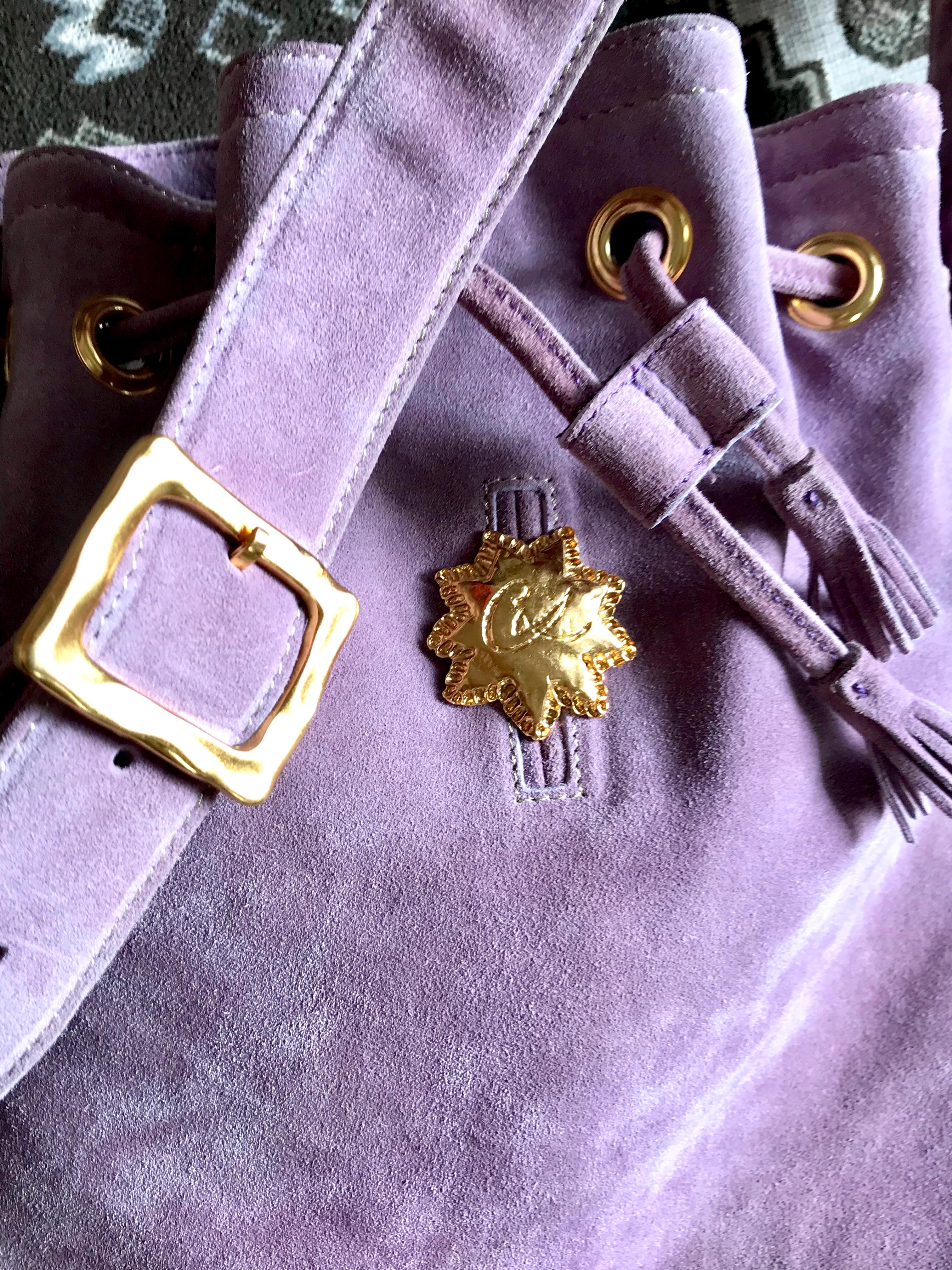 Christian Lacroix Vintage purple suede hobo bucket shoulder bag with gold motifs For Sale 9