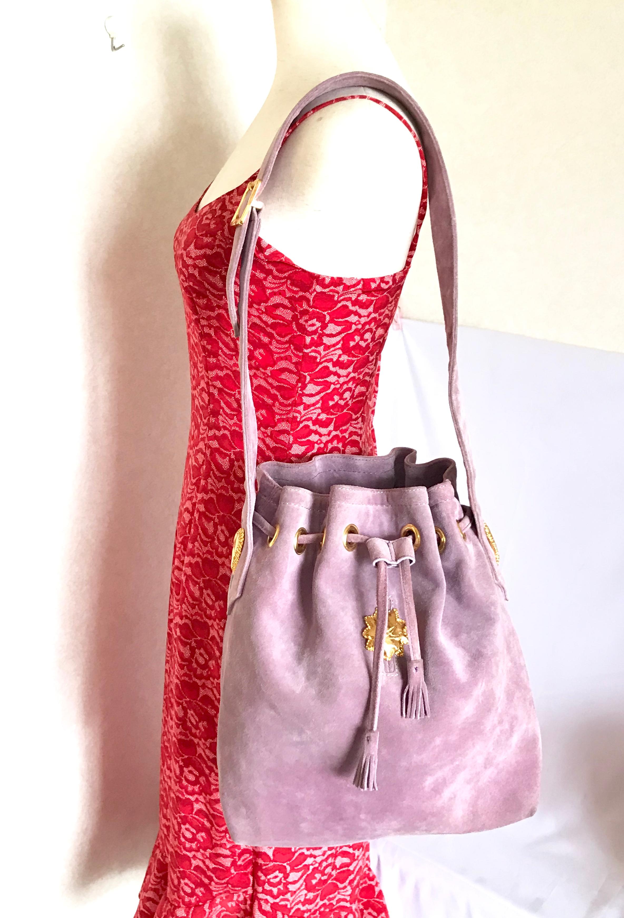 Christian Lacroix Vintage purple suede hobo bucket shoulder bag with gold motifs For Sale 13