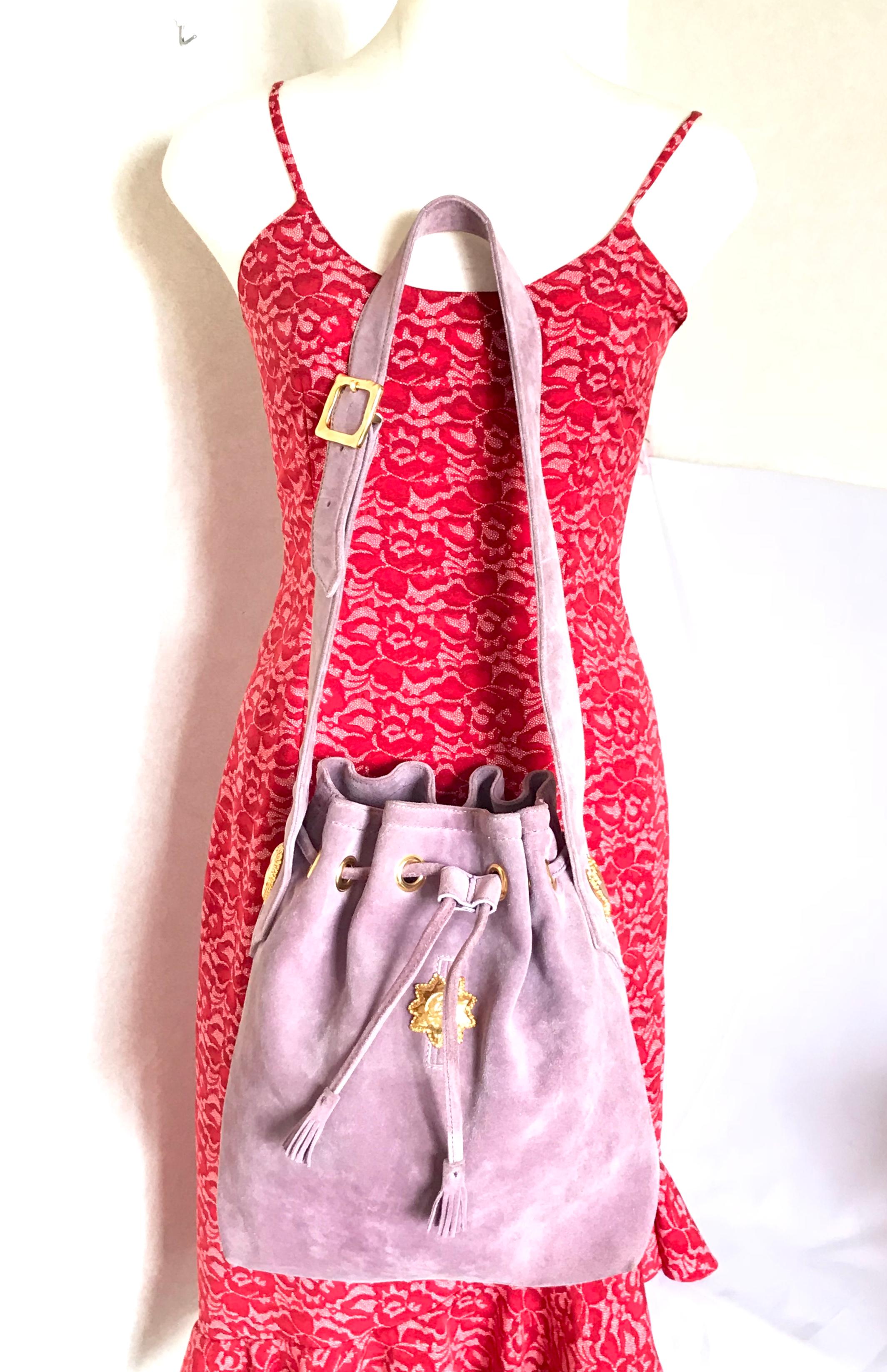 Christian Lacroix Vintage purple suede hobo bucket shoulder bag with gold motifs For Sale 14