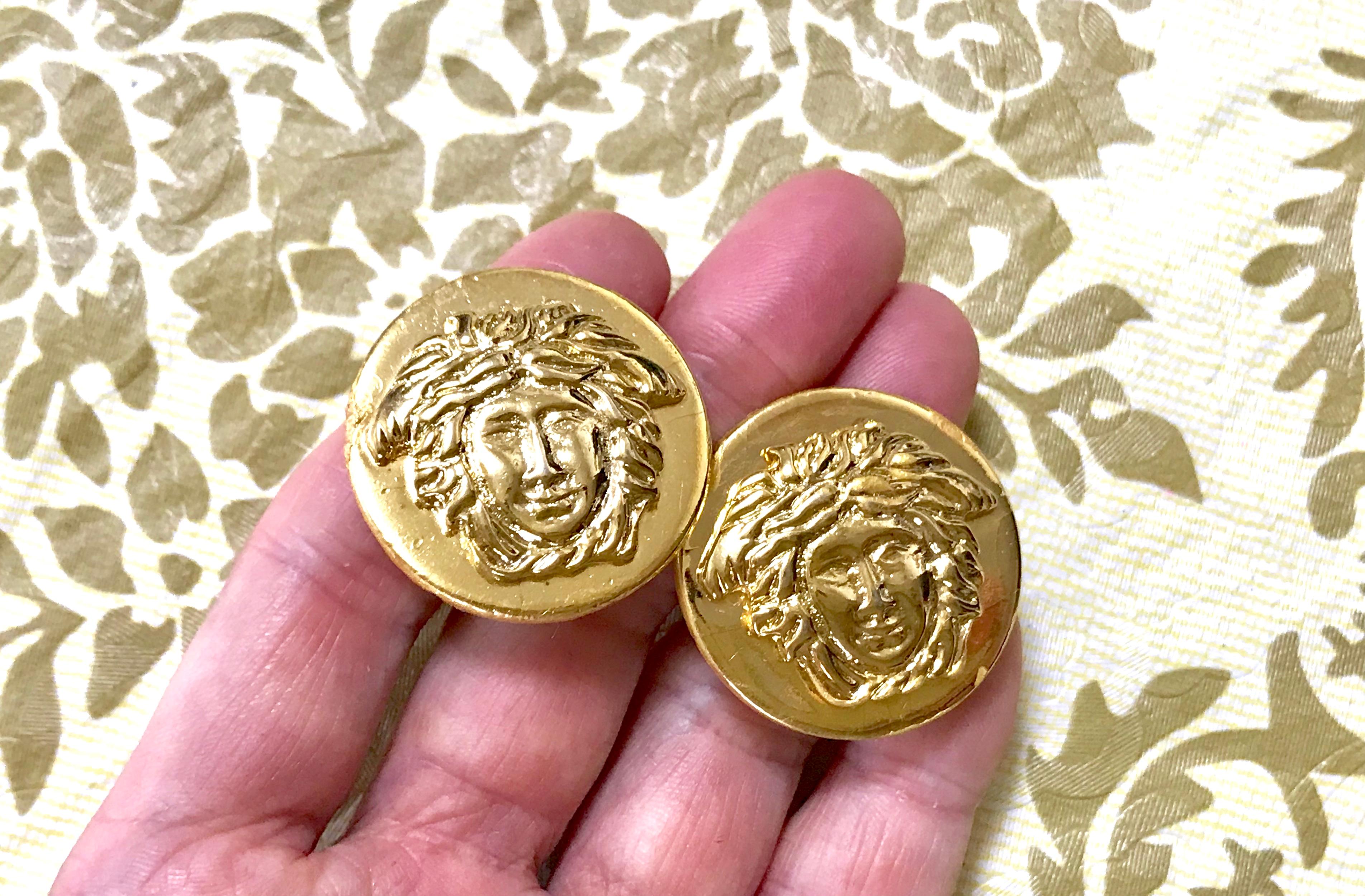 Vintage Gianni Versace golden round medusa motif earrings. Lady Gaga style. For Sale 6